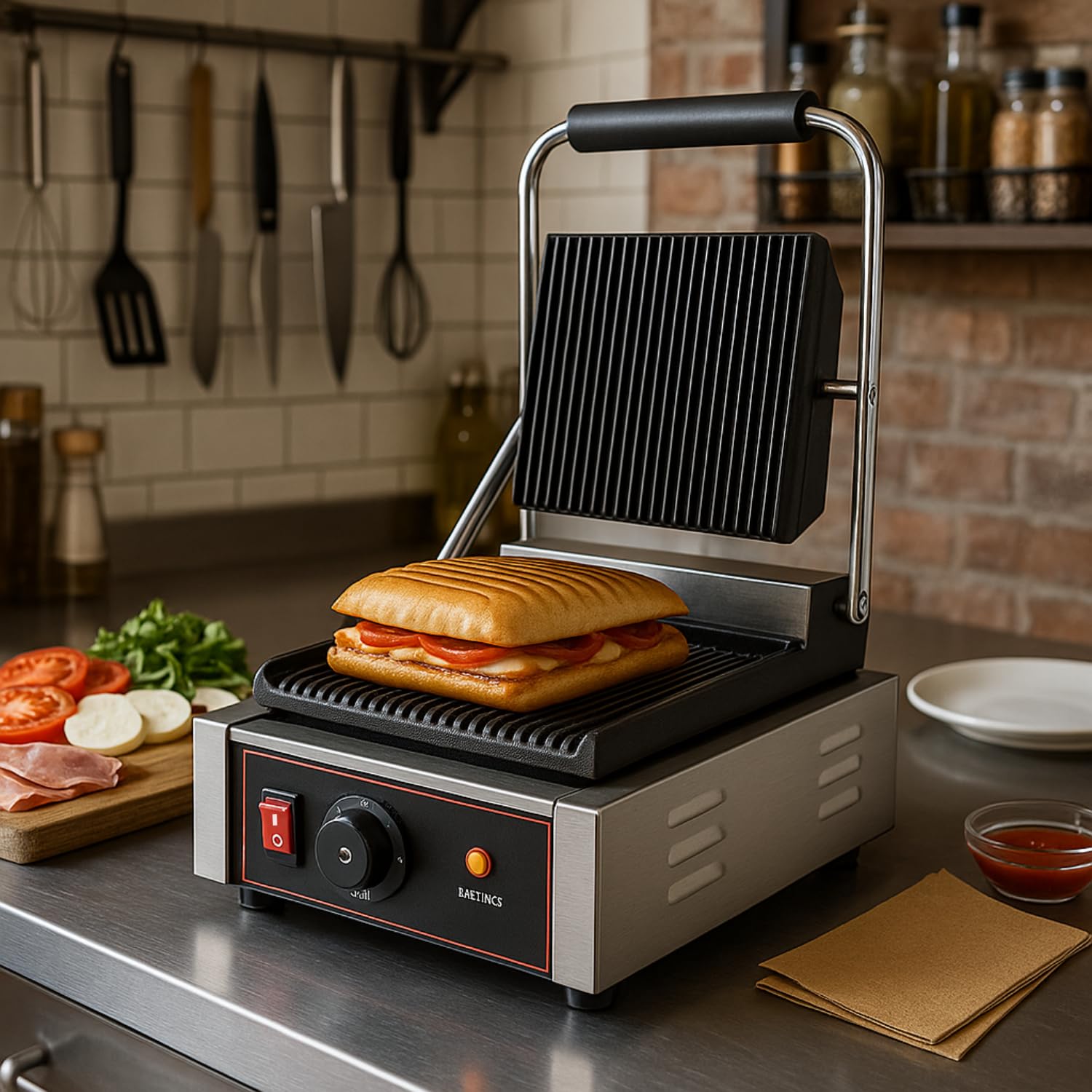 Grill Panini Elettrico Professionale 1800W - Piastre Ghisa Scanalate - Temperatura Regolabile fino a 300°C - Vassoio Grasso Inox - Struttura Acciaio Inox - Piastre 230x220mm - 230V