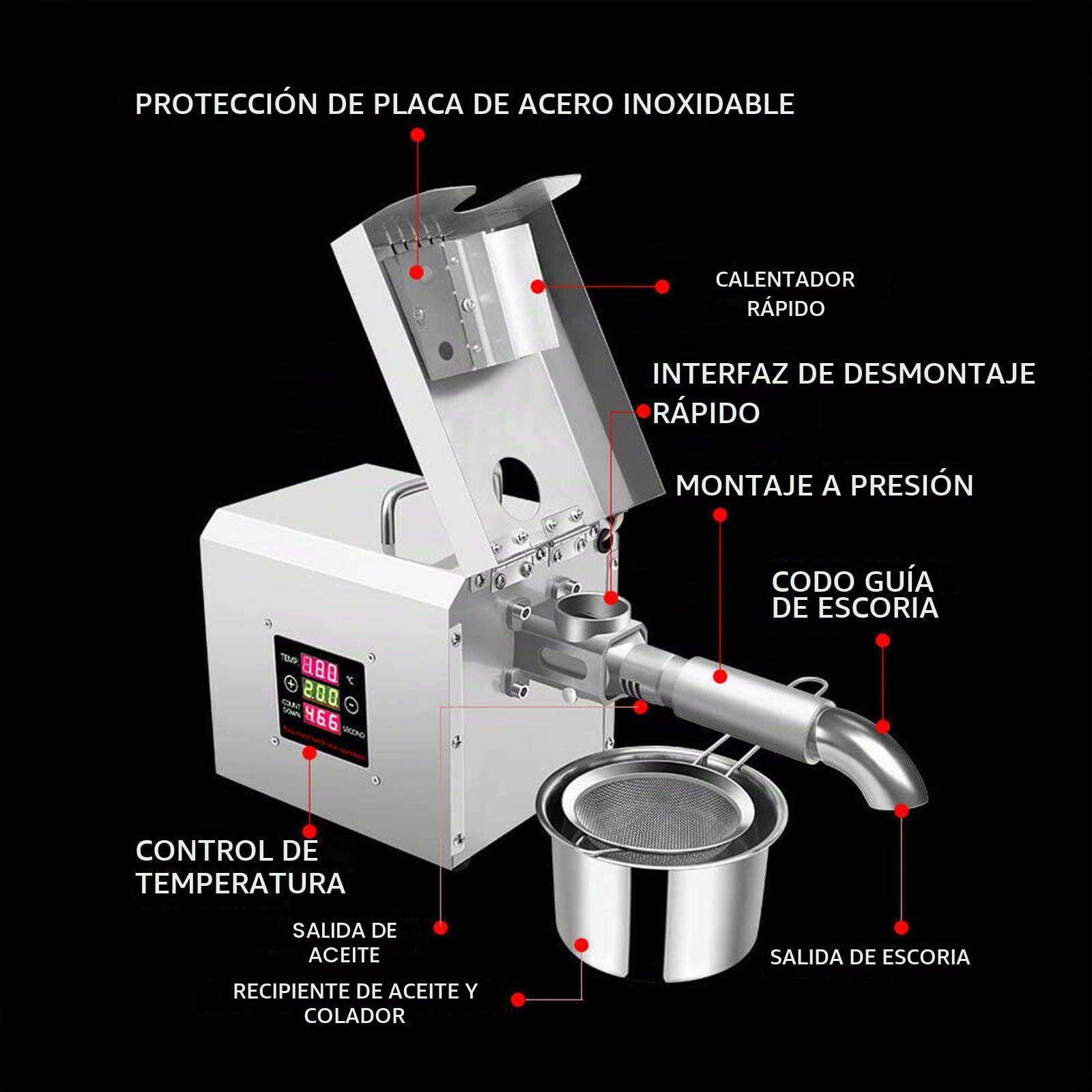 Prensa de Aceite Eléctrica, 610W Prensa Aceite, Máquina Automática Prensado Aceite Hogar Dos Modos Frío y En Caliente, Máquina de Prensar Eléctrica Equipado con Termostato