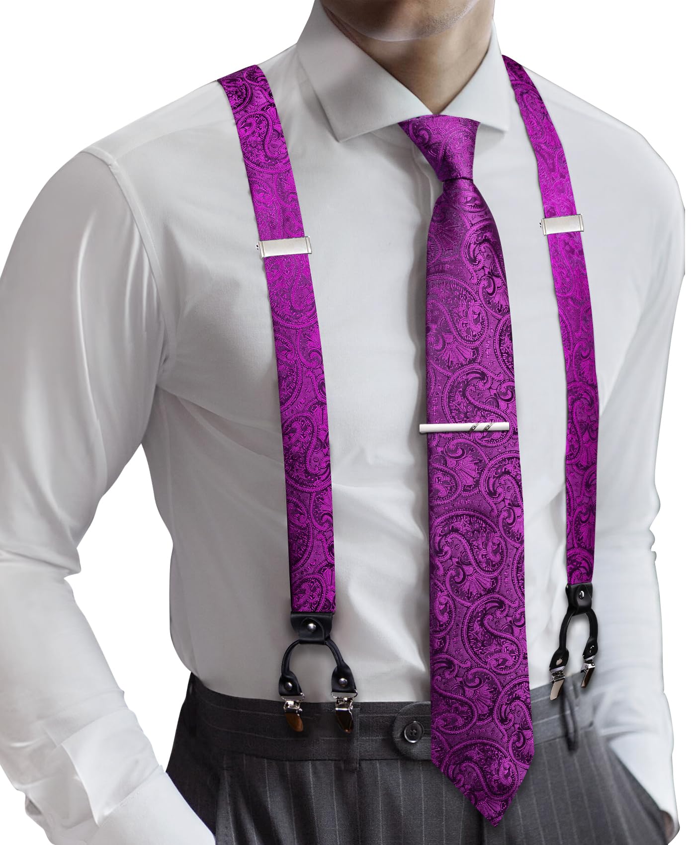 Barry.Wang Men Suspender Tie Sets Elastic Heavy 6 Clips Hanky Cufflink 5PCS | Classic Suspender Set for Man Necktie Y Type Adjustable Heavy Duty 6 Clips Braces Pocket Square Cufflinks Party