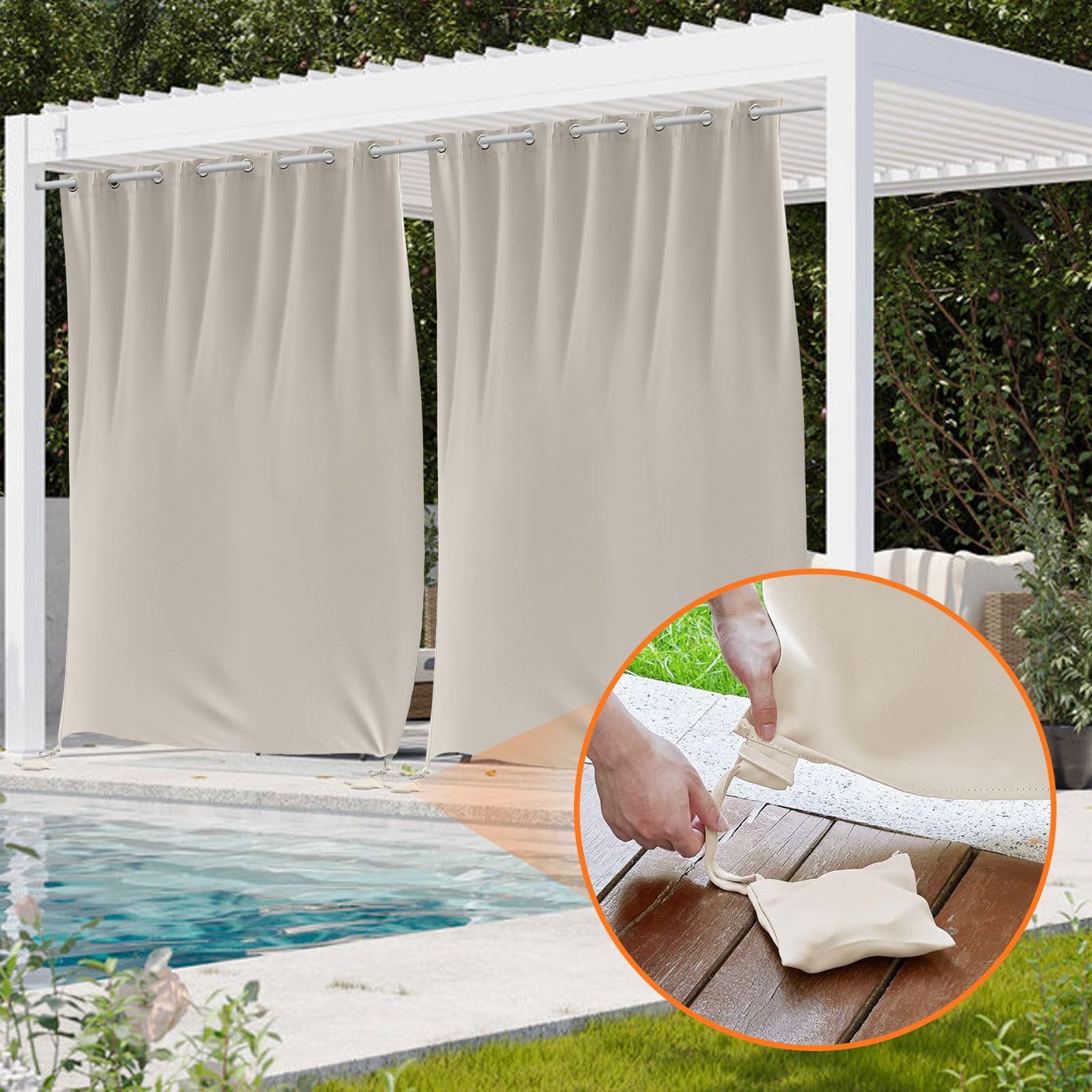 Outdoorvorhänge mit Ösen und Gewichteten H 243 x B 132 cm, 2 Stück Outdoor Gardinen Wasserdicht Pavillon und Terrasse, Außenvorhänge für Außenterrasse Veranda Pool Sonnenlicht, Beige
