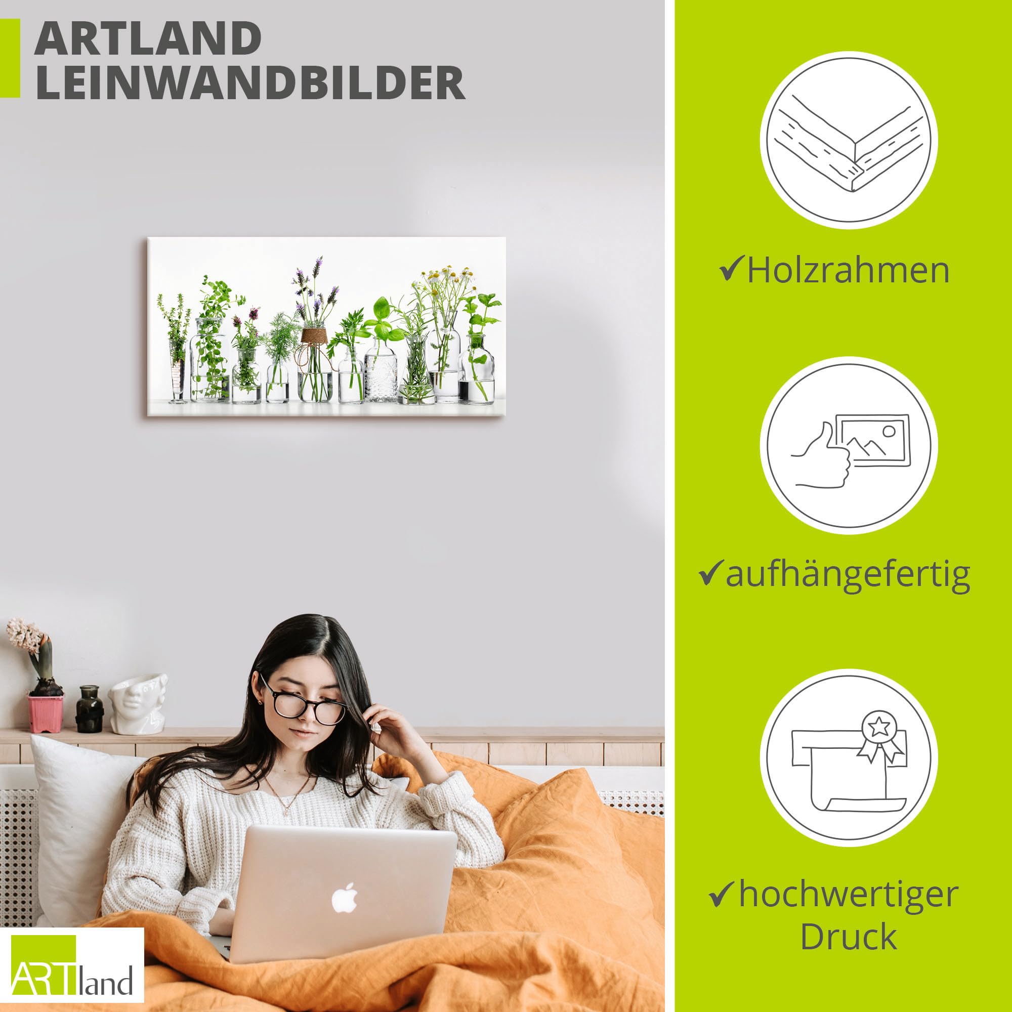ARTLAND Wanddeko Leinwand Bilder Wandbild 100x50 cm Querformat Modern Küchenbilder Pflanzen Kräuter Blumen Gewürze Grün H9KE