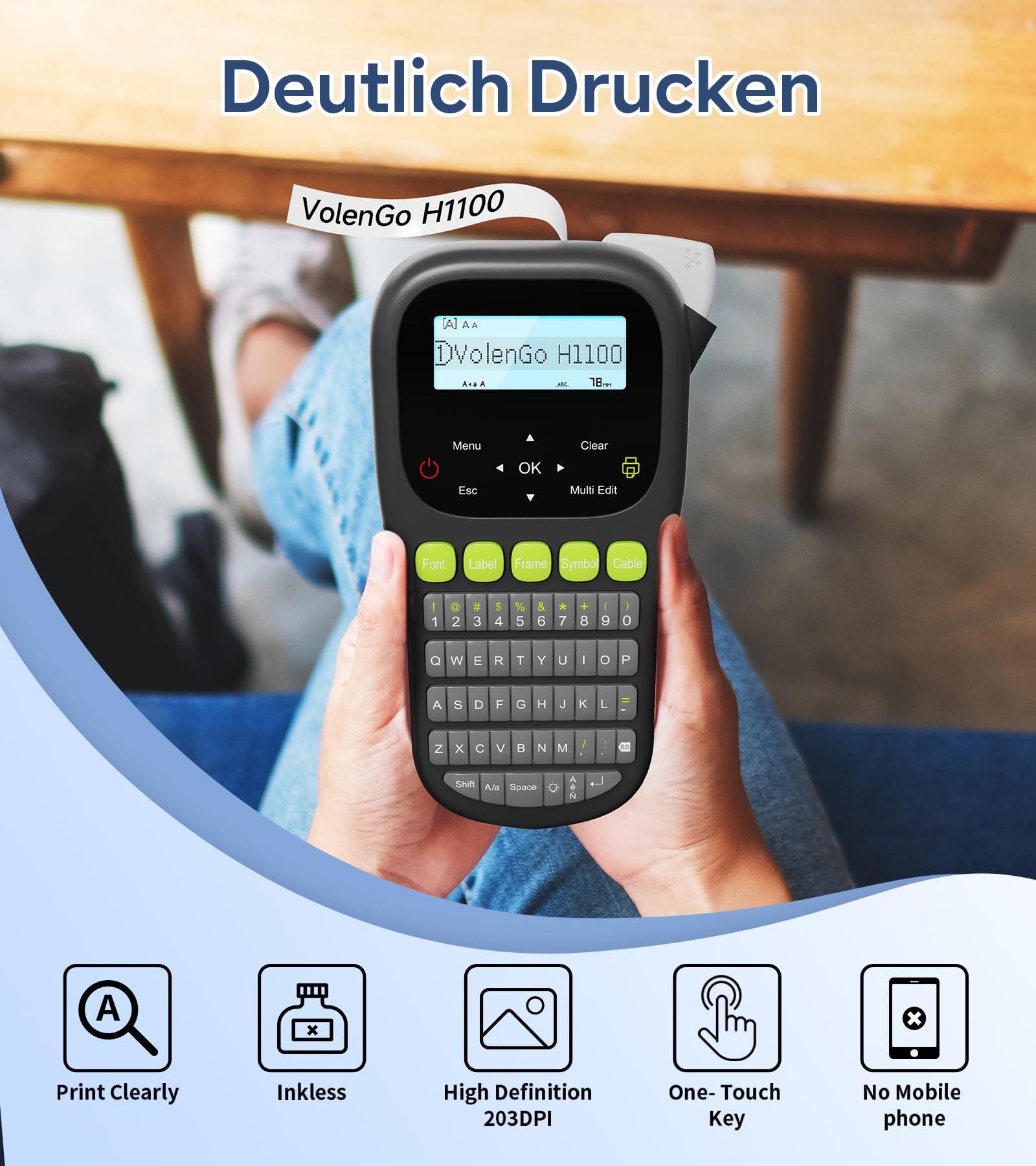 Beschriftungsgerät H1100 – Etikettiergerät & Etikettendrucker mit QWERT Tastatur, LCD-Hintergrundbeleuchtung und Selbstklebendem Label (12 mm). Portable Beschriftungsgerät Handgerät für Heim und Büro