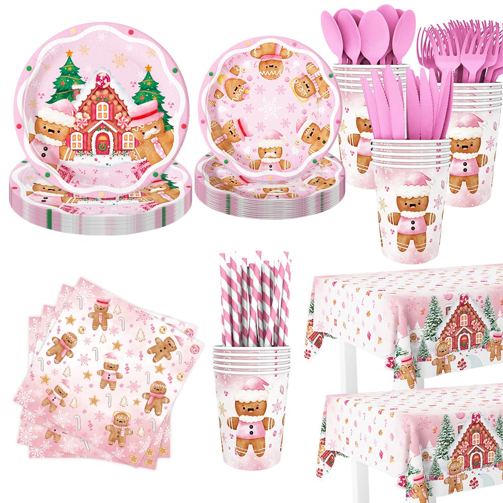 AIBIIN 194 Pcs Christmas Party Supplies Decorations Pink Gingerbread Party Decorations Gingerbread House Cookie Christmas Disposable Tableware Set with Plates Napkins and Tablecloth Serves 24 Guests