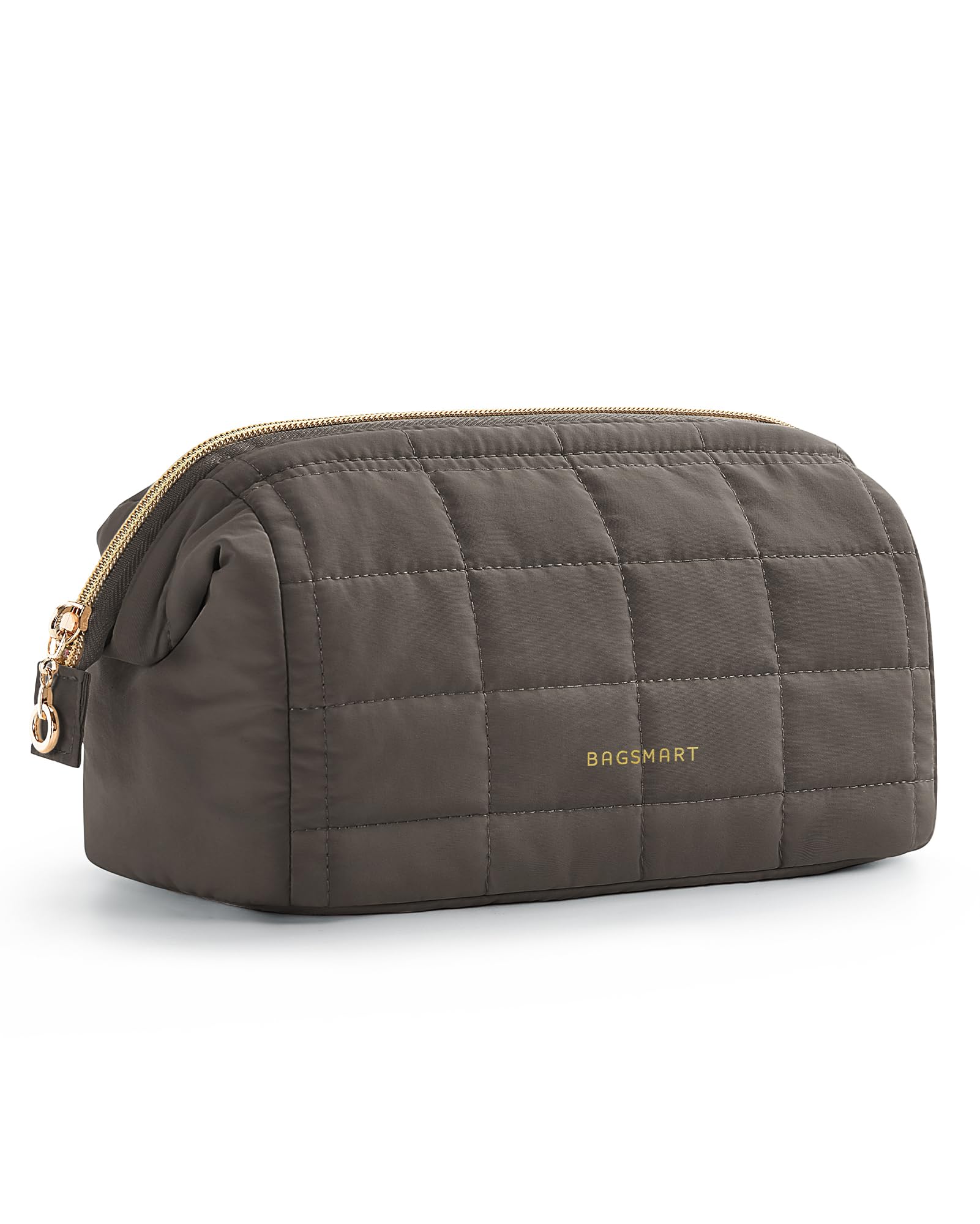 BAGSMART Puffy Padded Travel Makeup Bag, Wide-open Toiletry Bag, Dark Olive