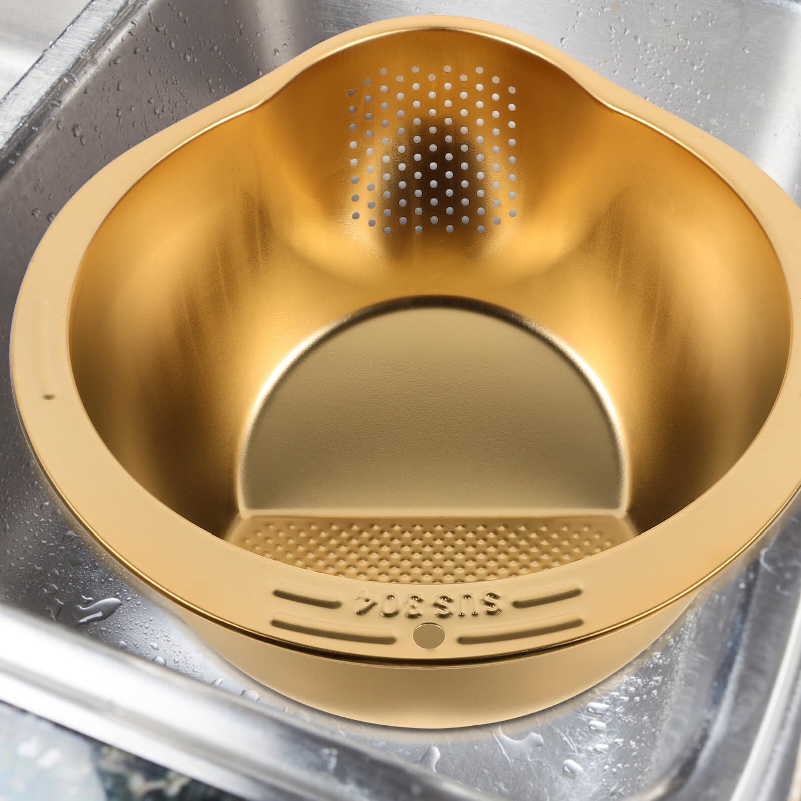 Cesta de Lavado de Acero Inoxidable Dorado para Cocina, Multiusos | Malla Fina, Enjuague de Arroz y Verduras, Superficie Lisa, Elimina Impurezas y Sedimentos, Uso Diario