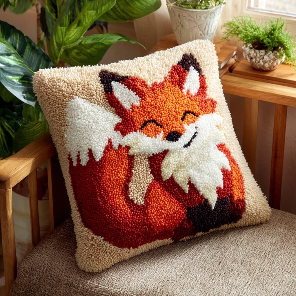 WallustrioaW Latch Hook Kit Cushion Latch Hook Kit,Cartoon Little Fox,Sofa Cushion Cover Embroidery Craft for Adults and Beginners,17x17in