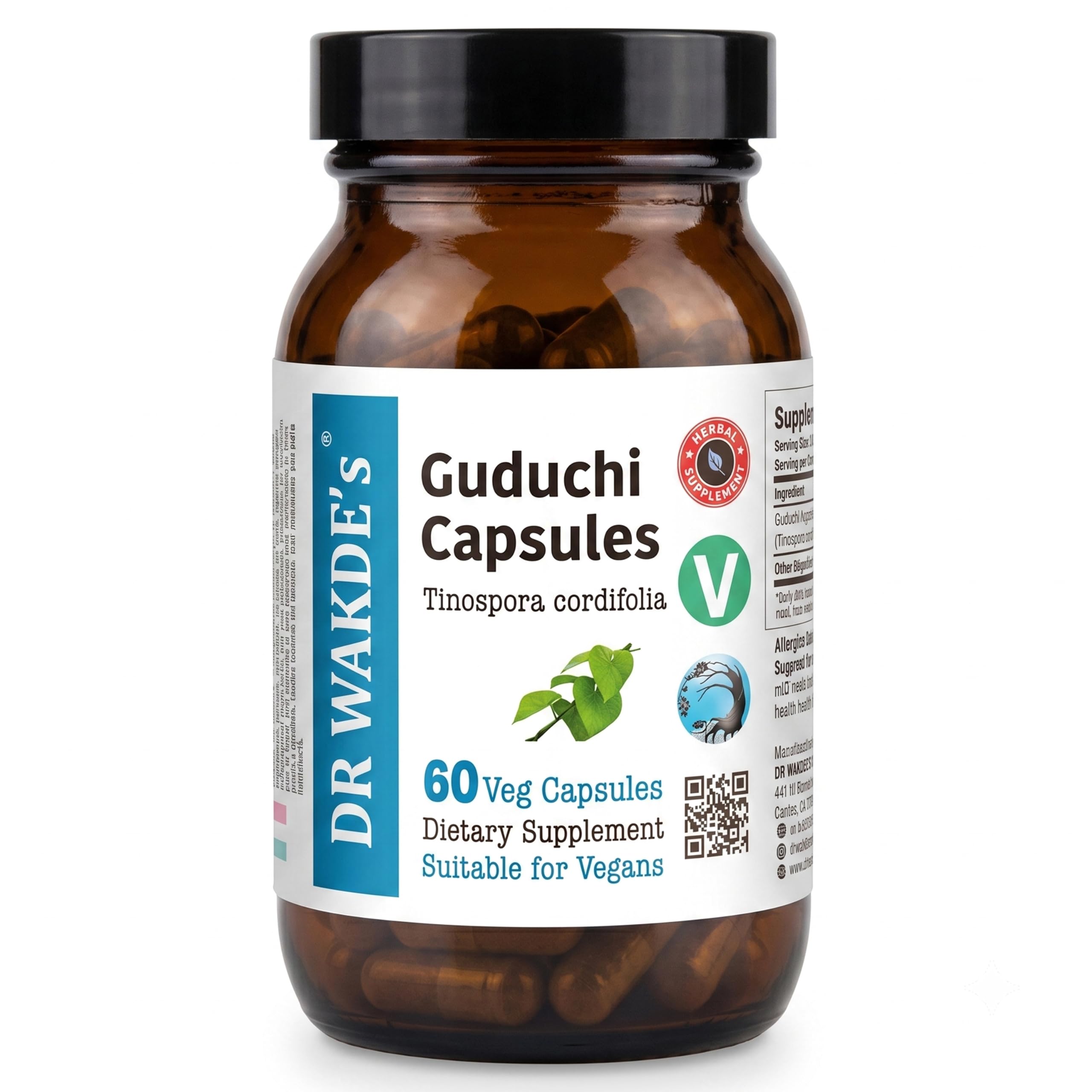 DR WAKDE'S Guduchi Kapseln – Giloy (Tinospora cordifolia) 500 mg | 60 Vegane Kapseln | Immunsystem & Wohlbefinden | 100% Reines Ayurvedisches Kräuterpulver | Ohne Zusatzstoffe | Vegan & Vegetarisch