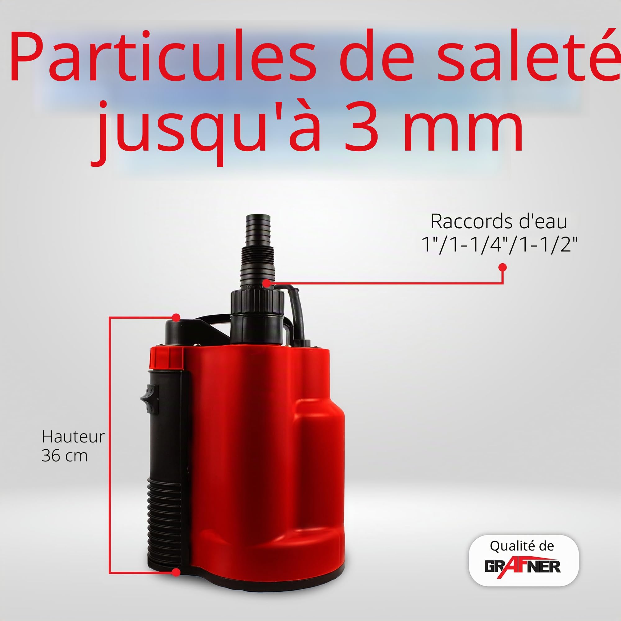 Grafner Pompe de Drainage à Aspiration Plate, Pompe Submersible avec Interrupteur Flottant Intégré et Anti-Retour, 750 W jusqu'à 10500 l/h, Aspiration Plate 1mm, 3mm d'Objets Étrangers, Pompe pour