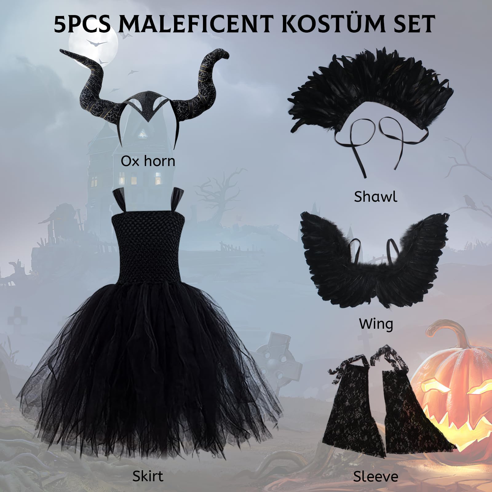 Disfraz de Malefica para Niña de Halloween: Reina Bruja Malvada Vestido Maléfica para Niños con Tocado de Cuernos y Capa de Alas Negras para Halloween Carnaval Cosplay Fiesta Traje