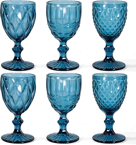 Juego de 6 copas de vino vintage, copas de agua de vidrio de colores de 12 onzas, juego de vasos de cristal decorativos florales en relieve, aptas