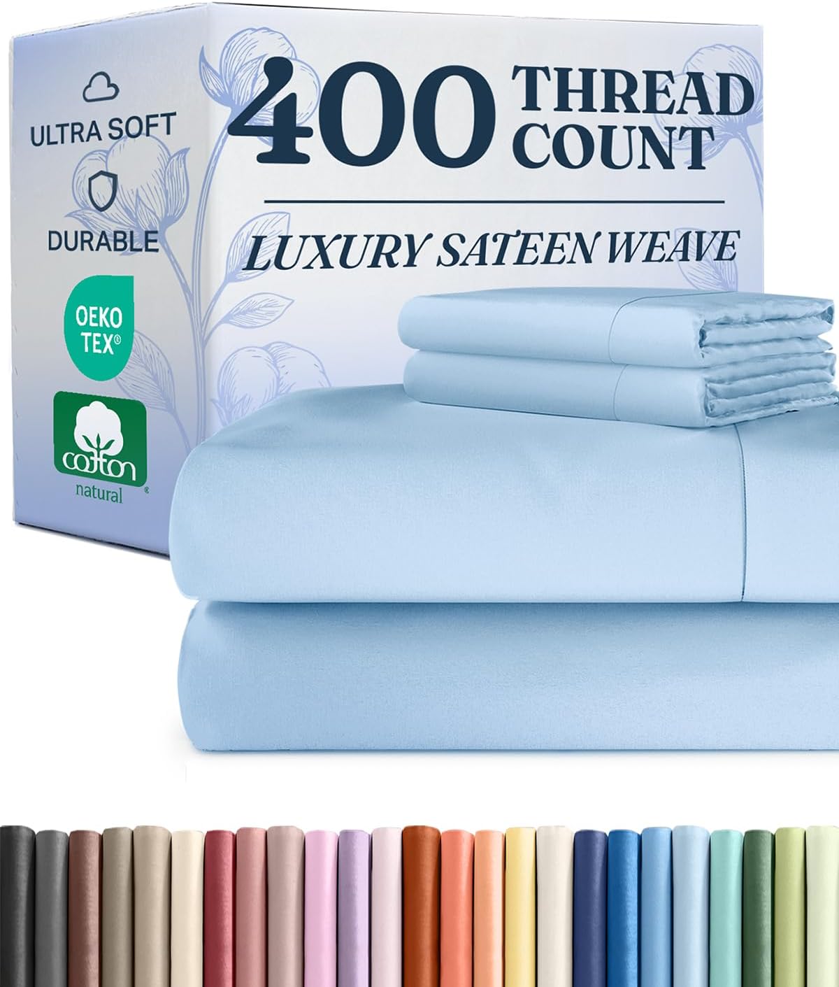 CGK Unlimited 400 Thread Count Cotton Bed Sheet Set - 100% Cotton Sheets - Sateen Cotton - Fits 8" to 16" Mattress - Silky-Soft, Hotel Quality Bedding Linens, Queen, White - Thumbnail 5