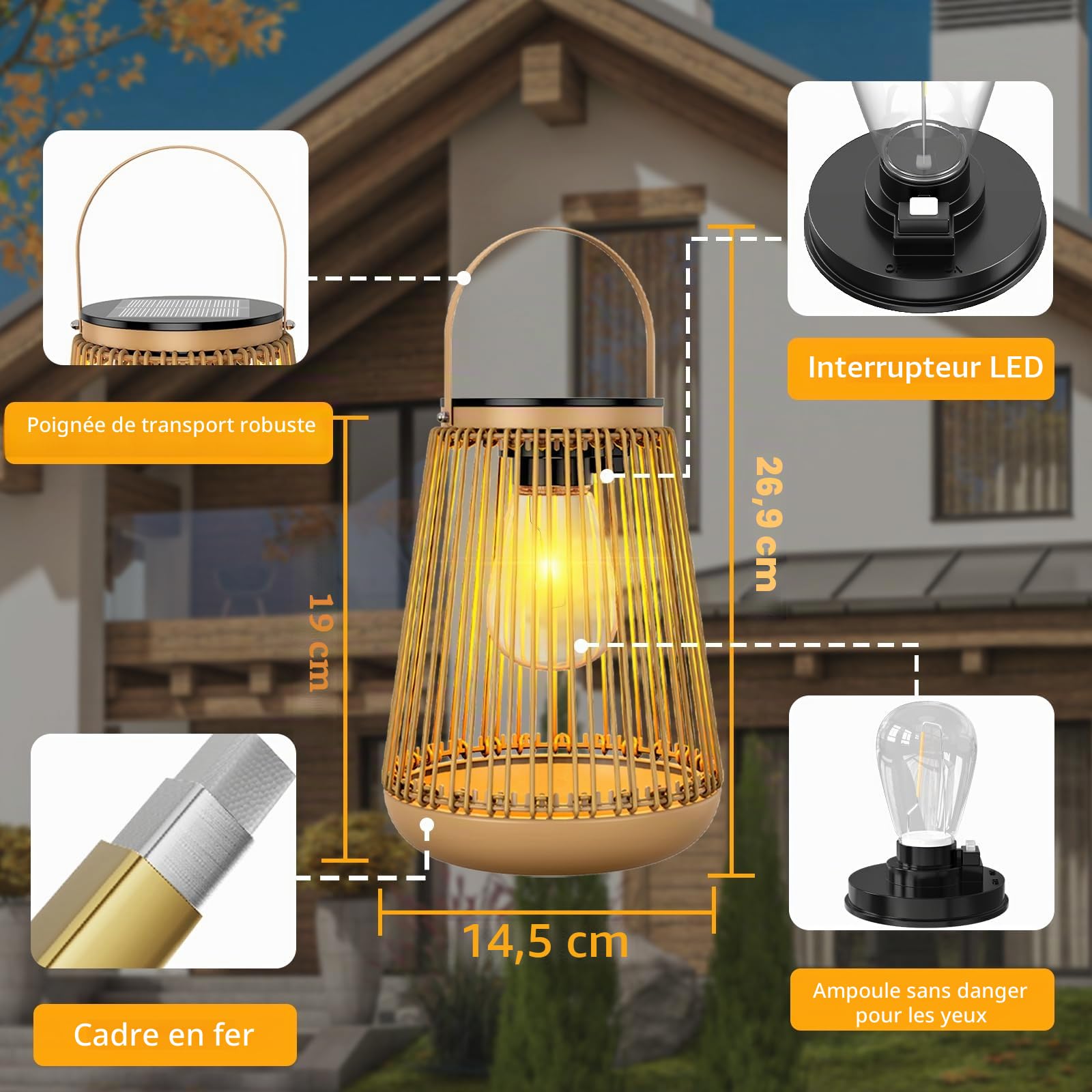 4 Pièces Lanterne Solaire Extérieure Décoration Jardin Avec Ampoules LED Blanc Chaud, Lanterne Extérieure Solaire Pour Allées, Terrasses, Balcons, Patios et Portails