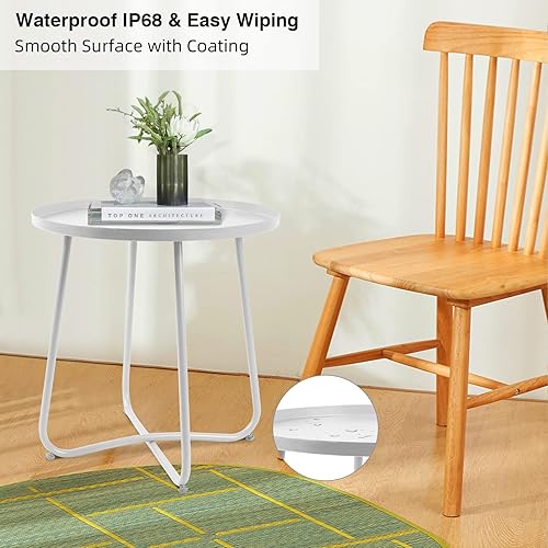 Miniatura 8 de ECOMEX Mesa auxiliar de patio, mesa auxiliar de metal para interiores y exteriores, mesa auxiliar redonda de metal impermeable, resistente a la