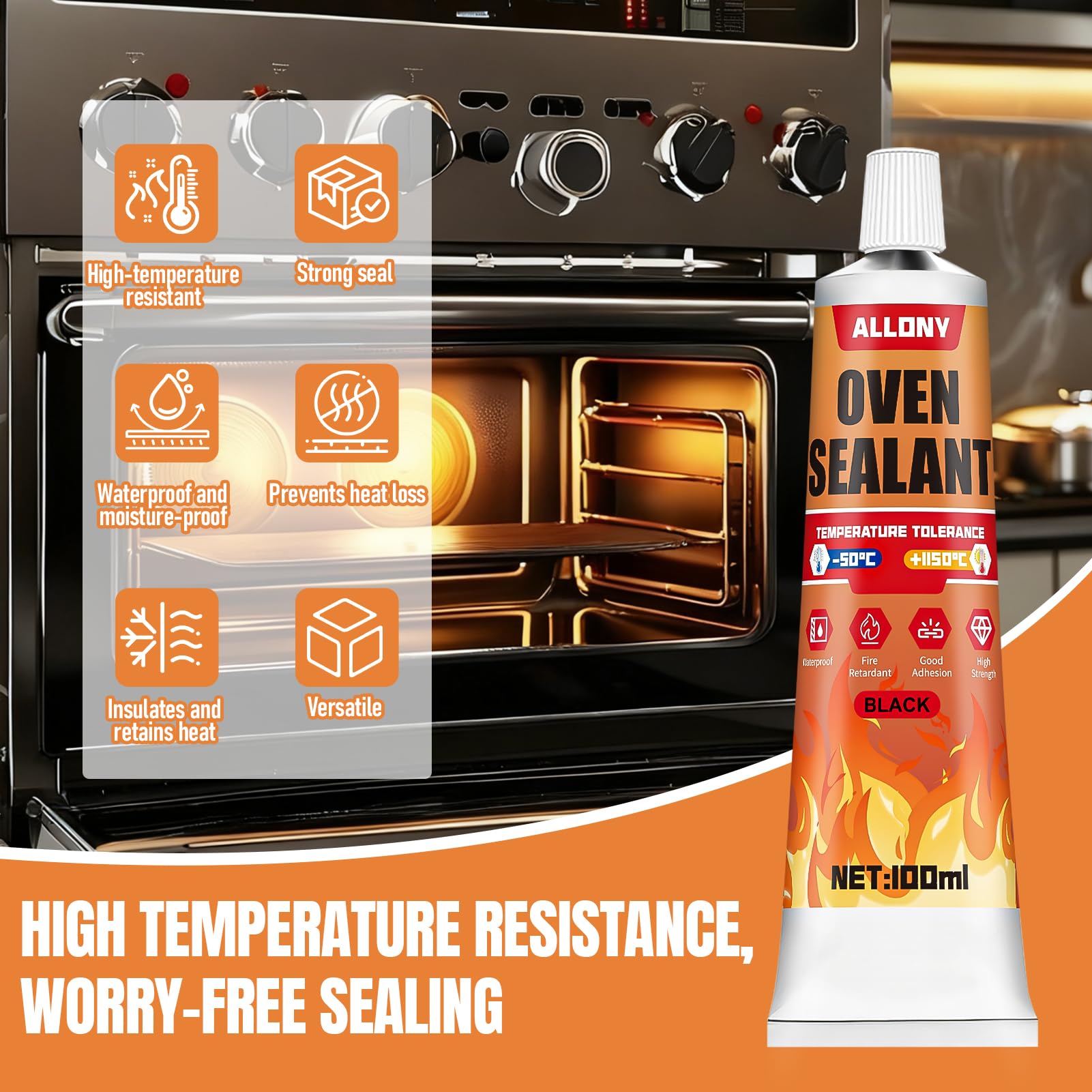 ALLONY Adesivo in silicone nero resistente al calore 1000°C 100 ml