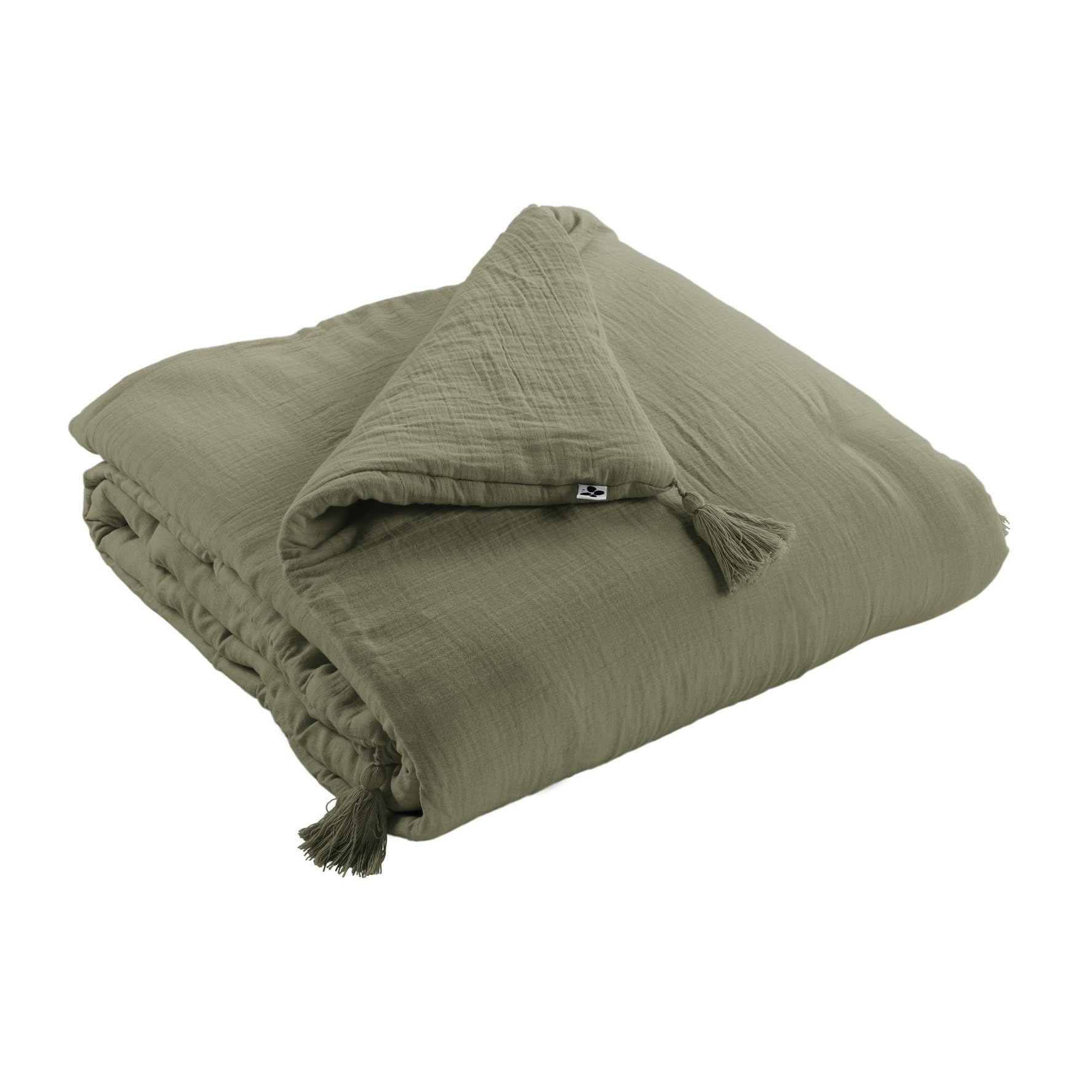 Edredon Dessus de lit L’Effet Papillon 90x200 cm – Chemin de lit 100% Gaze de Coton avec Finition Pompons [ Dessus de Lits et Couvre-Lits ] (Vert Romarin)