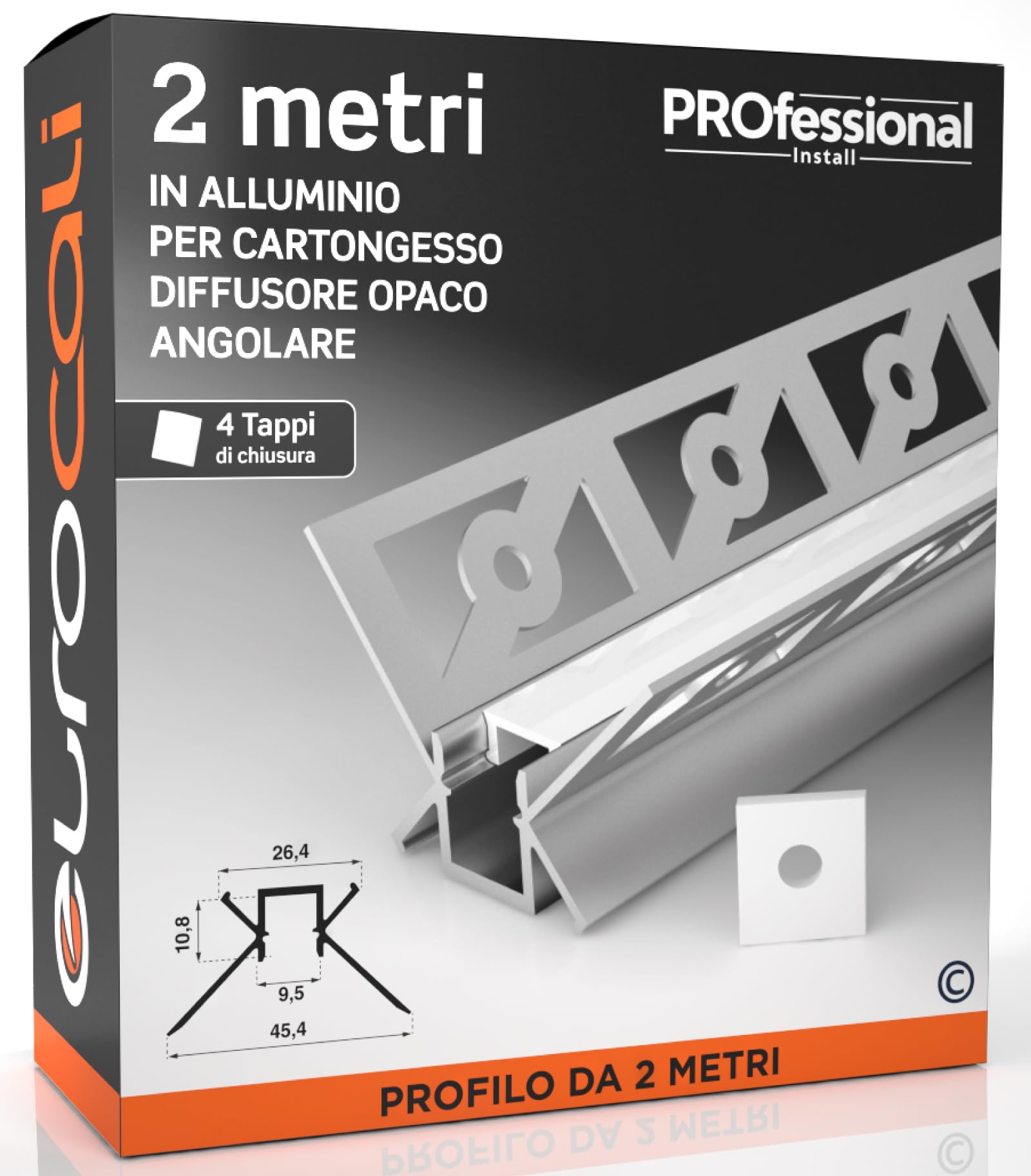 Eurocali Profilo Angolare In Alluminio Per Strisce LED - 2mt, Grigio, Schermatura Opaca, Larghezza Max 12.1mm (19x19mm) - 2