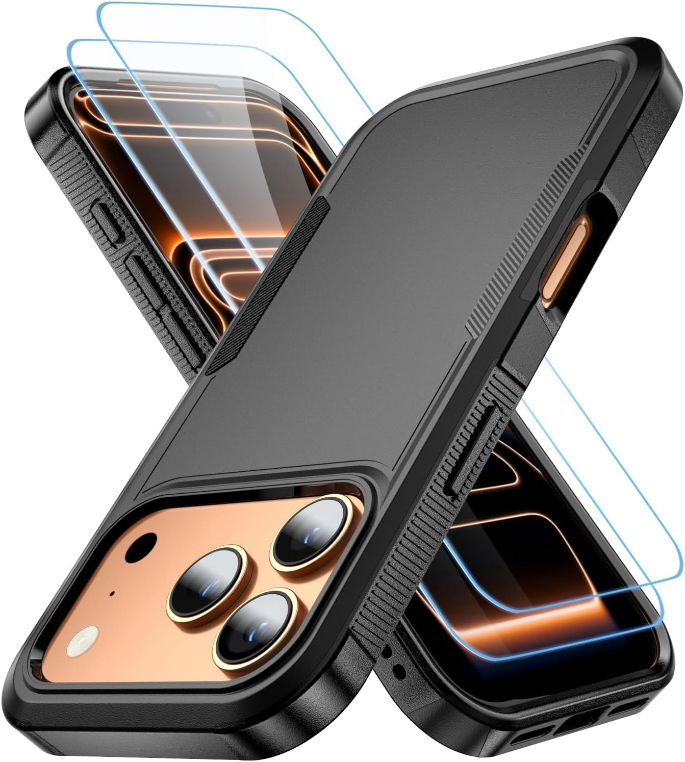 for Apple Recommend Shockproof iPhone 17 Pro Max Case,[15 FT Military Grade Drop Protection],with 2X [Kevlar 9H Glass Screen Protector] Air Bumpers Full-Body Protective Phone Case, Matte Black