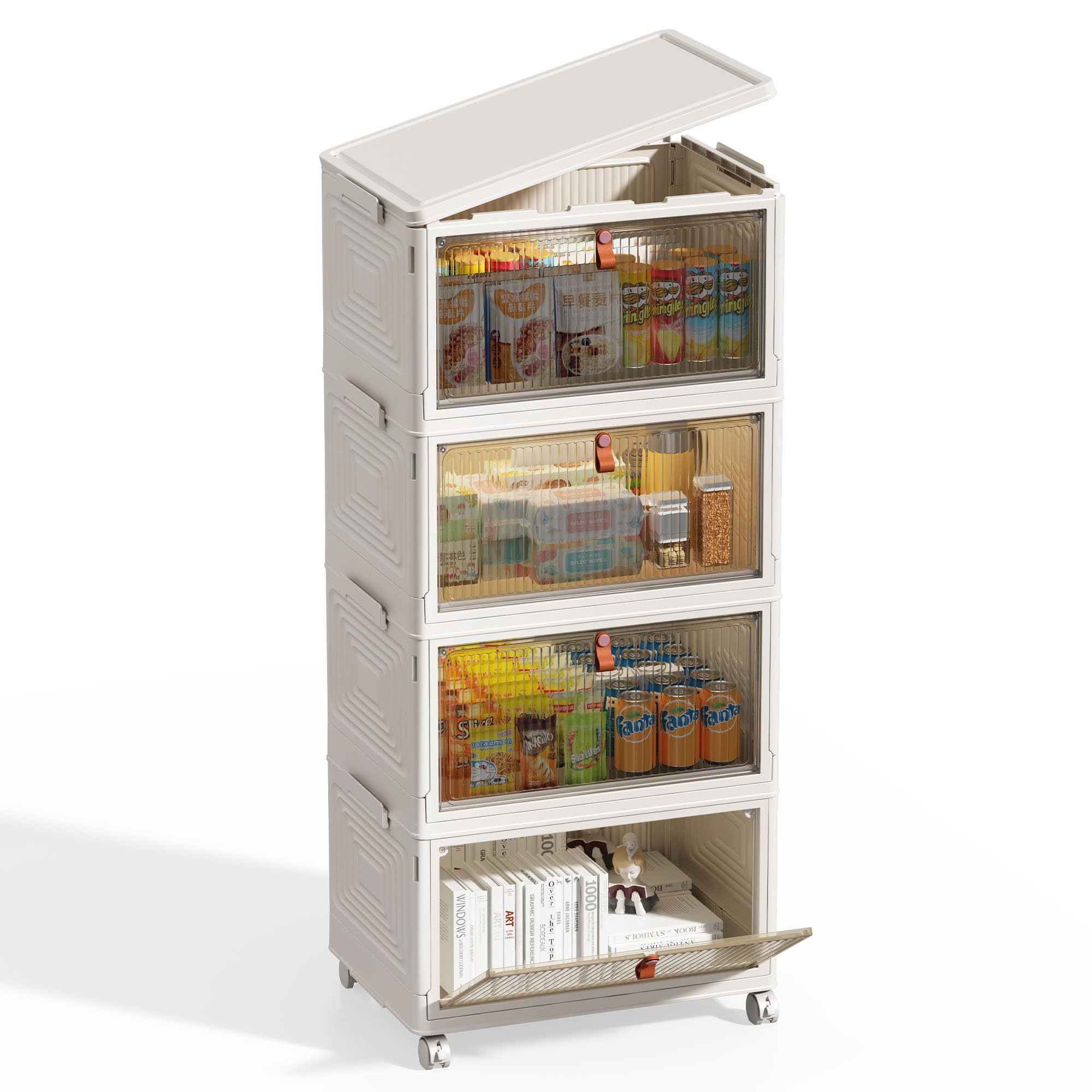 NETEL Storage Boxes With Lids, Stackable Storage Boxes 47L*4 Tier&1 Lid, Plastic Folding Storage Boxes with Wheels, Magnetic Door, For Bedroom Living Room Bathroom, 188 L Total White