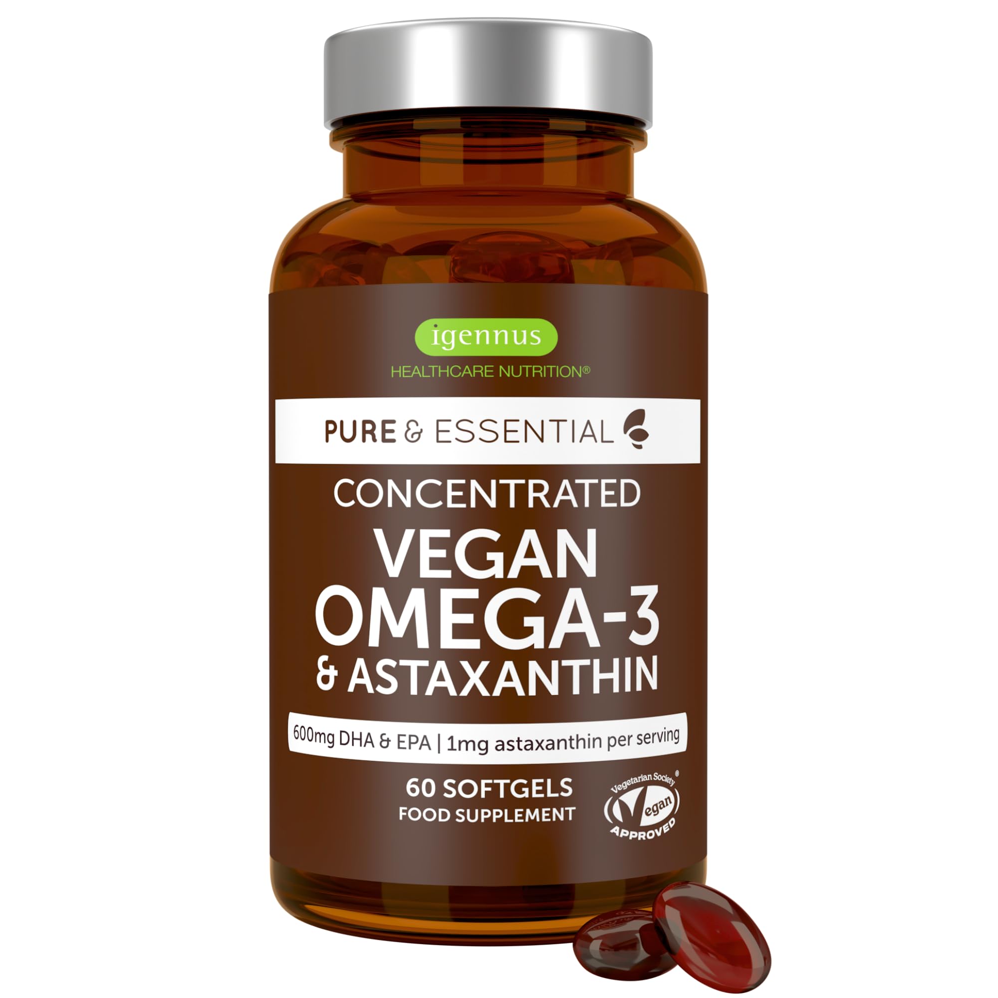 Igennus Vegan DHA & EPA Omega 3 1344mg Algae Oil & Astaxanthin Antioxidant, Lab Tested Pure & Sustainable, 60 Small Softgels, 400mg DHA & 200mg EPA, Easy-to-Swallow, 30 Servings