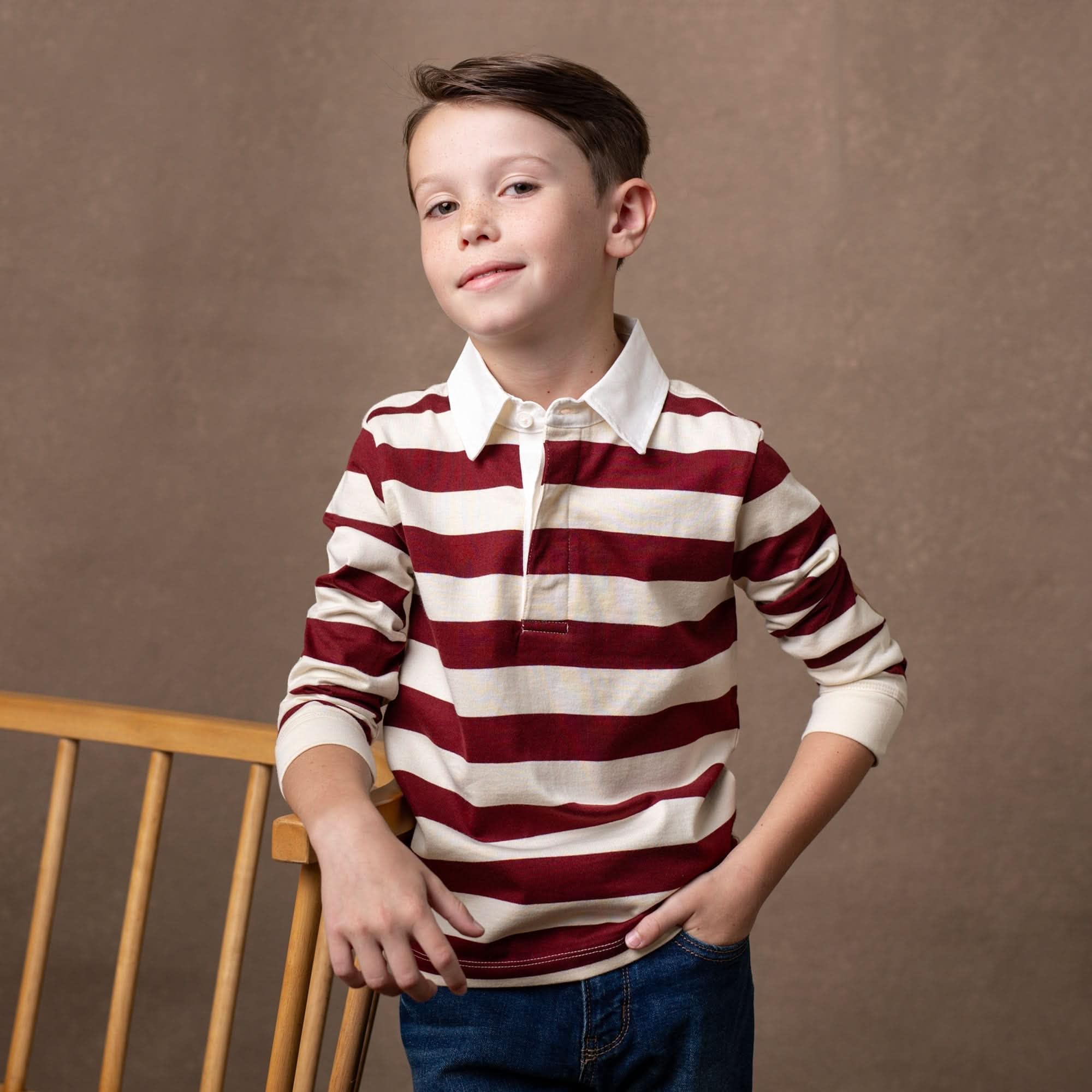 Hope & Henry Baby Boys' Organic Long Sleeve Rugby Shirt, 6-12 Months, Oxblood and Ivory Rugby