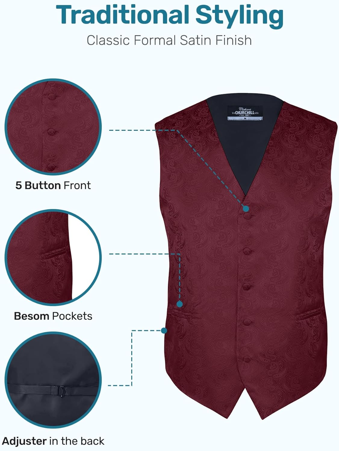 S.H. Churchill & Co. Men's 4 Piece Paisley Vest Set, with Bow Tie, Neck Tie & Pocket Hanky