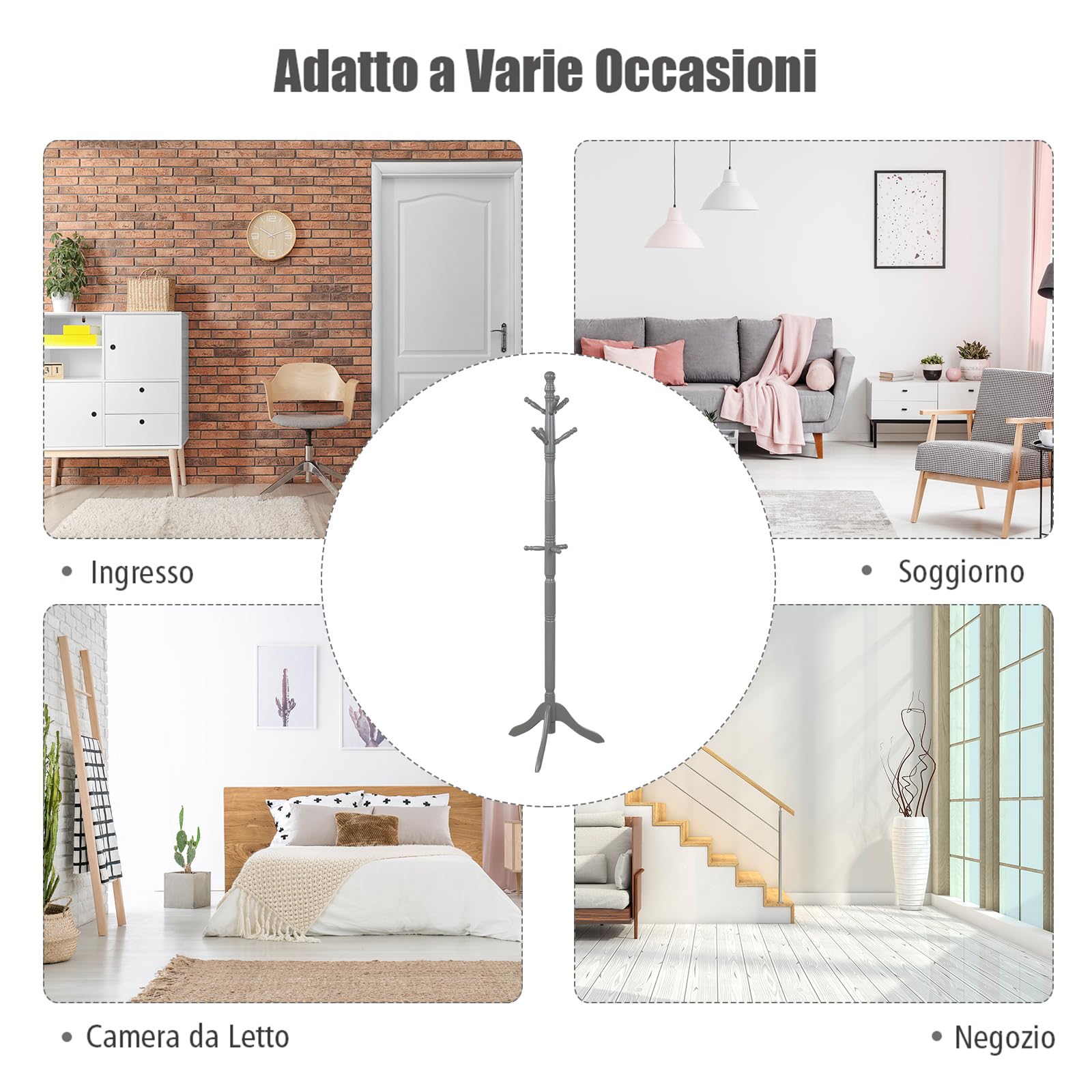 COSTWAY Attaccapanni ad Albero, Appendiabiti in Legno di Gomma con 9 Ganci, Albero Porta Abiti per Camera da Letto Soggiorno Ingresso e Ufficio, 50x50x138-175 cm (Grigio)
