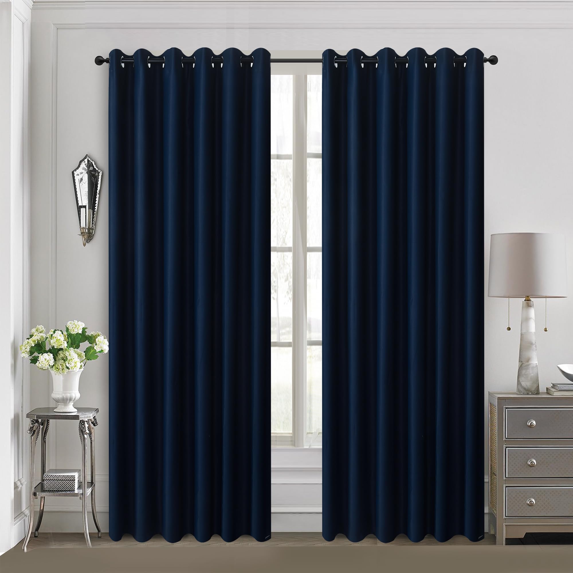 Hadi London Thermal Blackout Curtains with Eyelet Ring Top Ultra Soft Insulated Energy Saving Drapes for Bedroom, Living Room & Kids' Room –Noise Reducing, Light Blocking. (NAVY, W 90 x L 90)