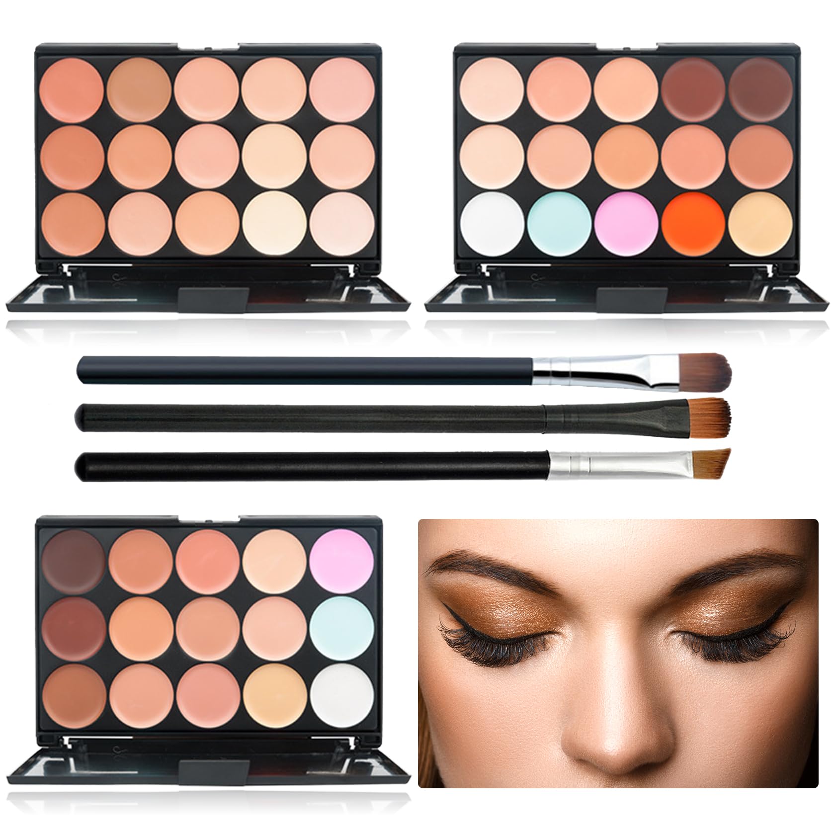 15 Color Contour Palette,Waterproof Long Lasting Facial Correcting Concealer Palettes,Cream Foundation Makeup Palettes with Brushes,Color Correcting Palettes for Women (3 Pack) 3P