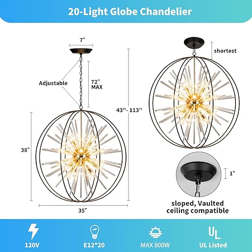 Miniatura 10 de Vezzio Orb - Candelabro de cristal de metal, 12 luces, candelabros modernos para comedor, sala de estar, entrada, vestíbulo y pasillo, acabado negro