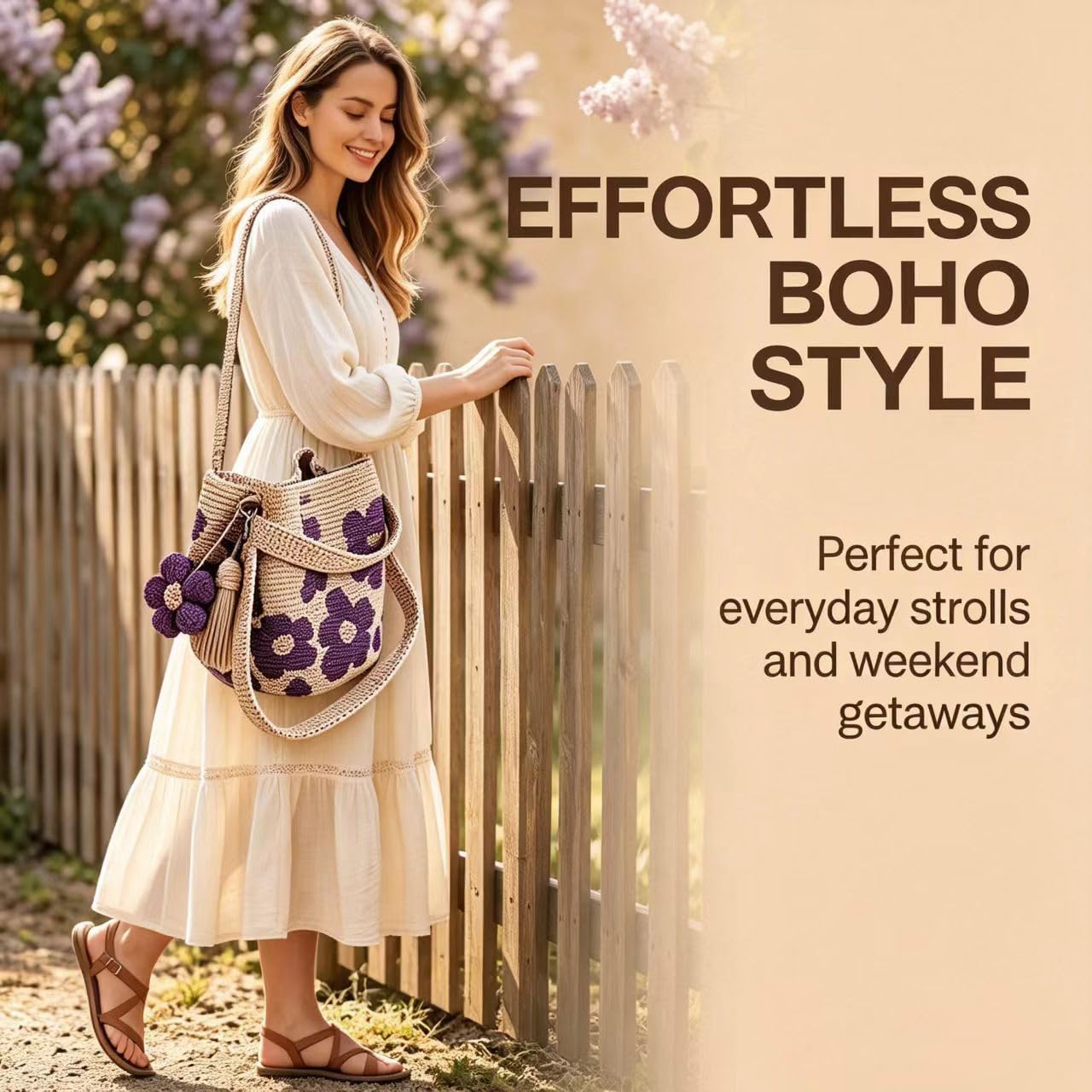 Handmade Crochet Flower Tote, Boho Floral Knit Crossbody Shoulder Bag, 3D Floral & Tassel Accents