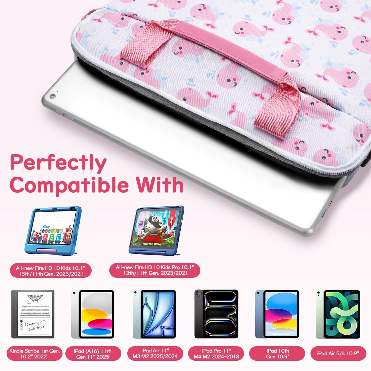 Dadanism Custodia per Tablet per Bambini, Borsa per Tablet da 12.5 Inch, Borsetta per Tablet con Manico e Tracolla per Fire HD 10 Kids/Fire HD 10 Kids Pro 13th/11th Gen 2023/2021, Balena Rosa