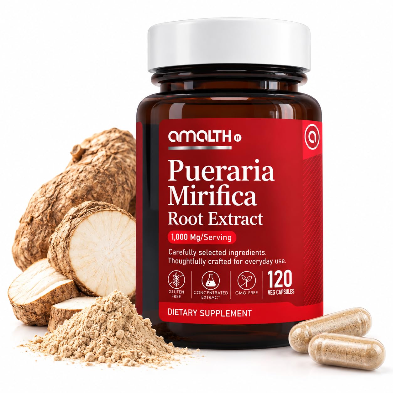 AMALTH Pueraria Mirifica Kapseln 1000 mg 120 Kapseln Estrogen Ergänzung für Frauen, Männer und Transgender, Menopause Relief, Weibliche Wellness Support Pillen