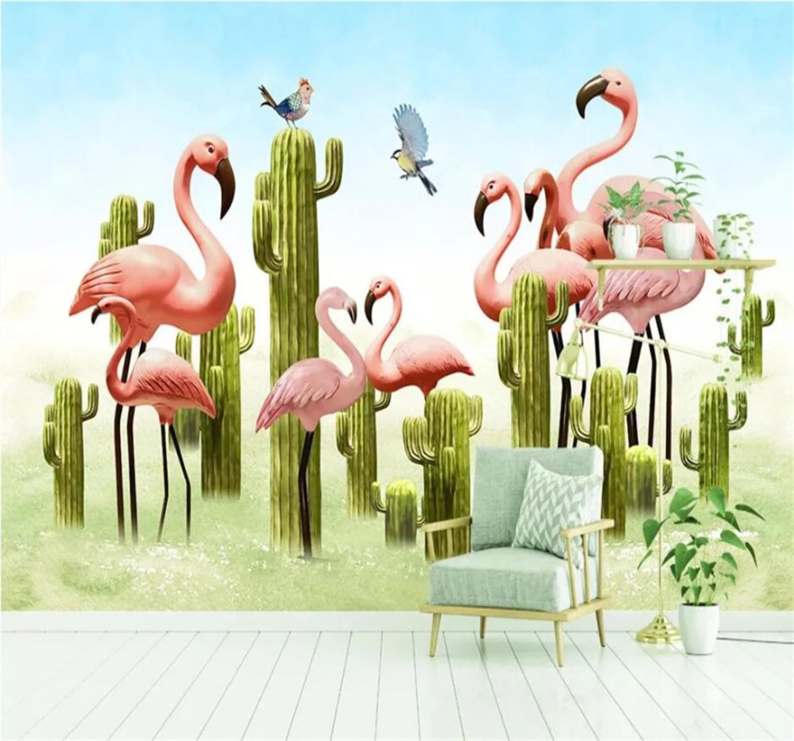 Xlming 400Cm×280Cm(B×H) Minimalist Fresh Green Cacti Flamingos 3D Wallpaper Luxury Home Dining Decor Paste Sofa Living Room The Wall For Bedroom Mural-400Cm×280Cm