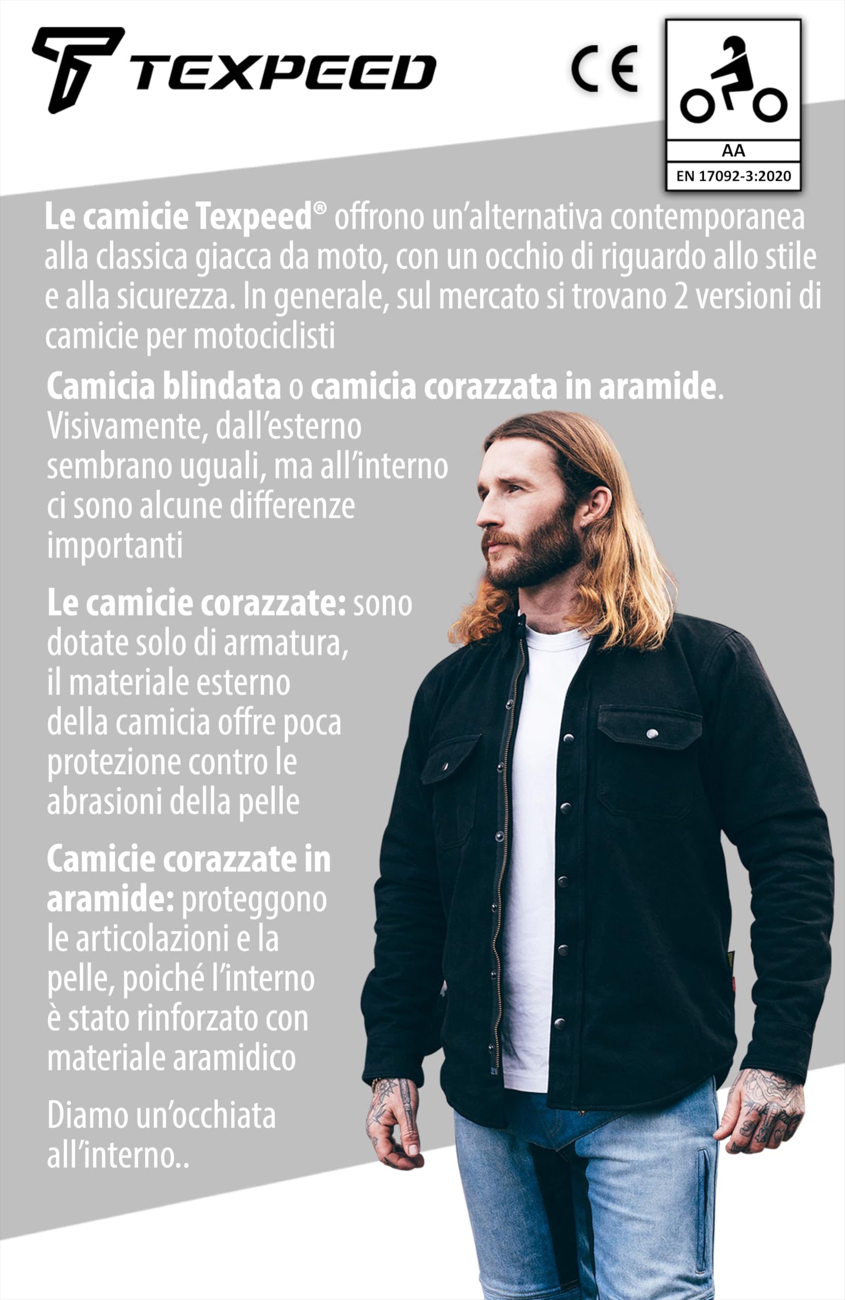 Texpeed Camicia moto con protezioni - Giacca da uomo in flanella a quadri - Motociclista realizzata con Aramide da 280 g/mq con armatura protettiva (EN 1621-1) - Nero - M