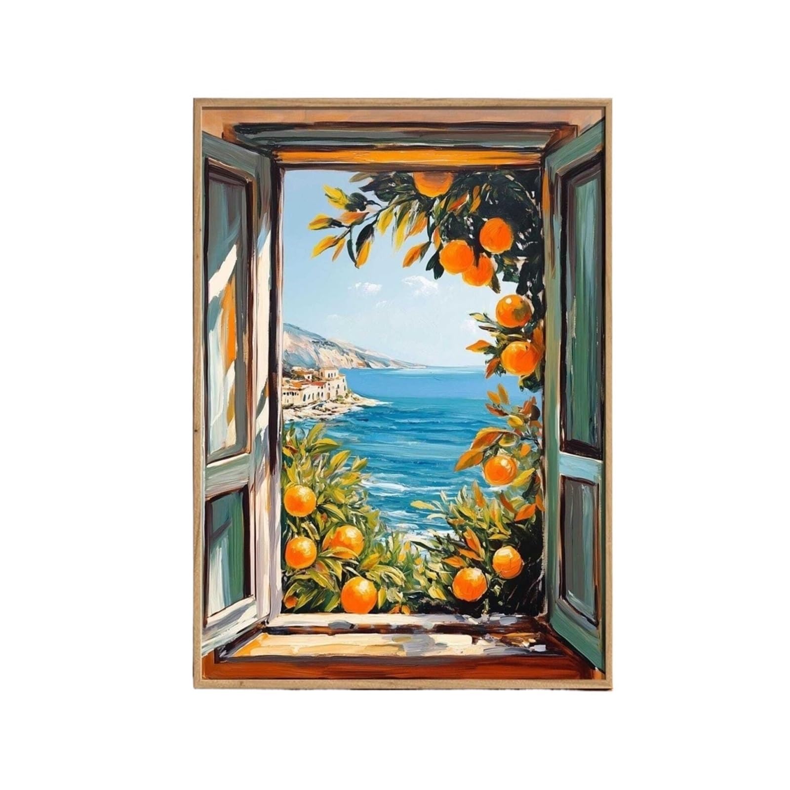 Graiting 1pc Open Window Print Style Fauvism Painting Exhibition Mediterranean Sea Orange Tree Coastal View Boats(DA167,40x60cm Unframe)