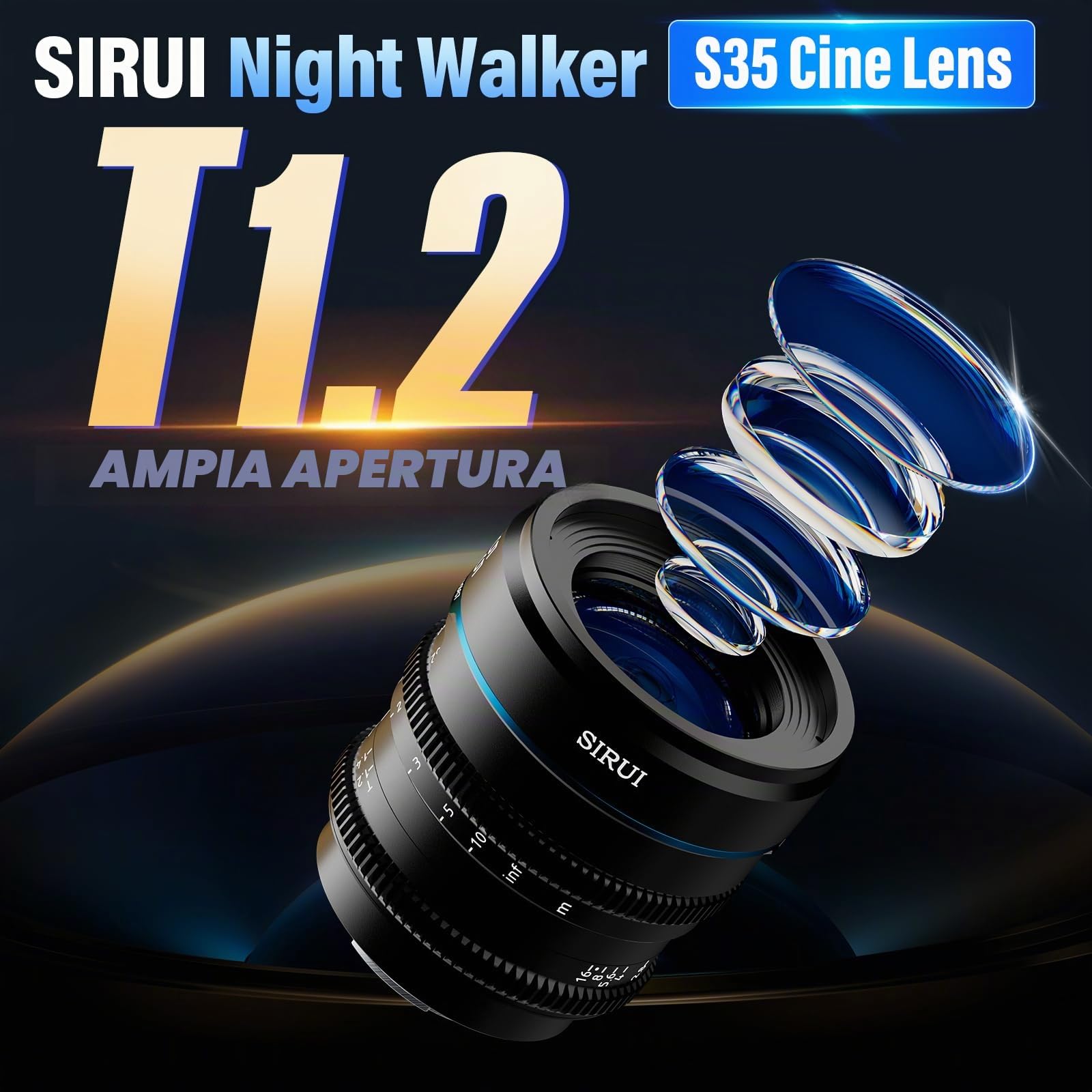 SIRUI Night Walker 35mm T1.2 Obiettivo Cine Formato S35, Grandangolo a Fuoco Manuale con Ampia Apertura, per Fotocamere E-Mount, Compatibile con FX30, FX3, ZV-E1, ZV-E10, A6700, A7IV, (MS35E, Nero)