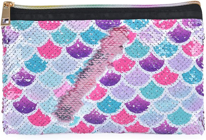 Mermaid Toiletry Bag - Reversible Sequin Cosmetic Bag for Girls Women Pink Portable Vanity Beauty Makeup Pouch Purse Pencil Case Travel Birthday Christmas Gift
