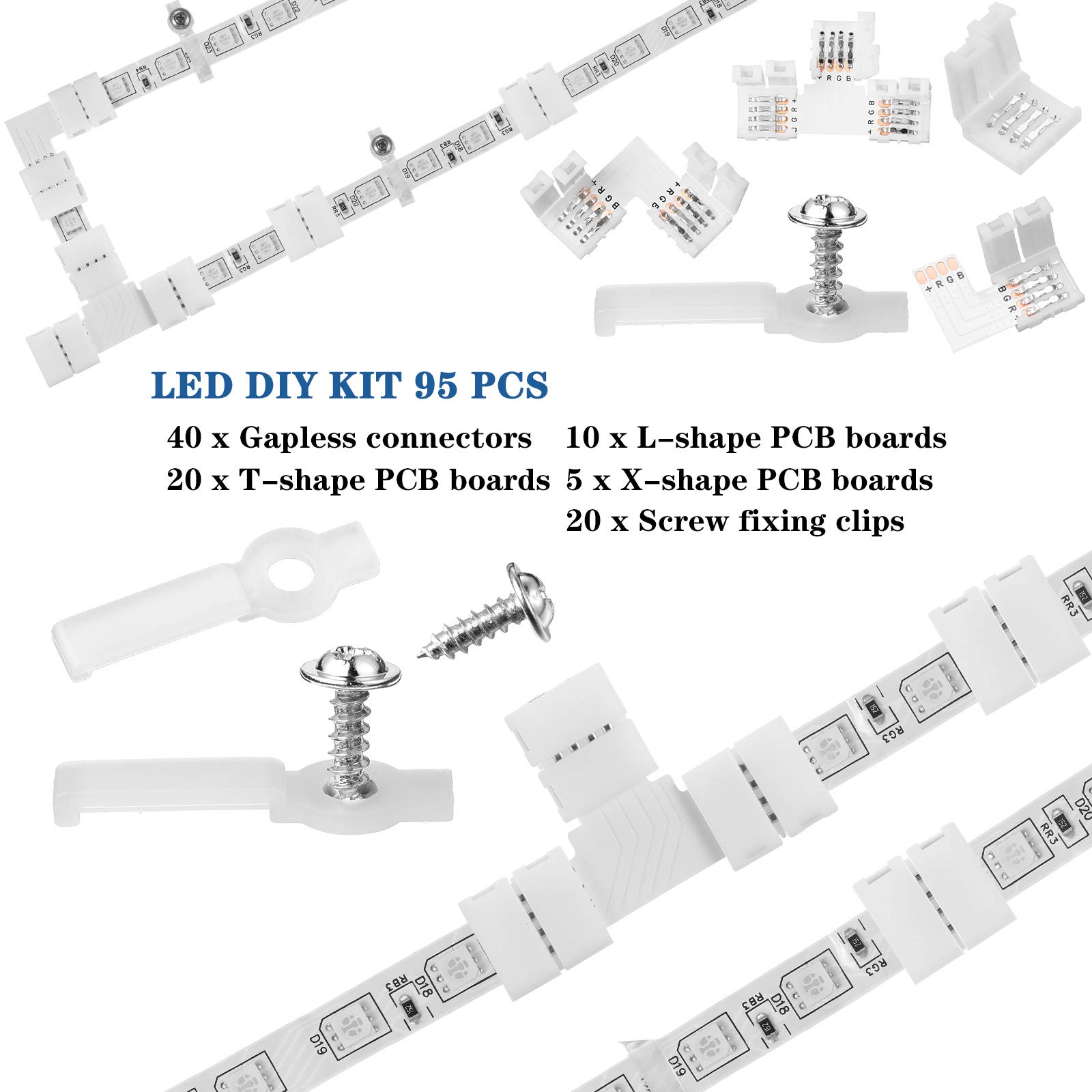 Kit 95 Pezzi Connettori Per Strisce LED 4 Pin - Impermeabili - Clip A Vite, T, L E X Per SMD 5050 RGB