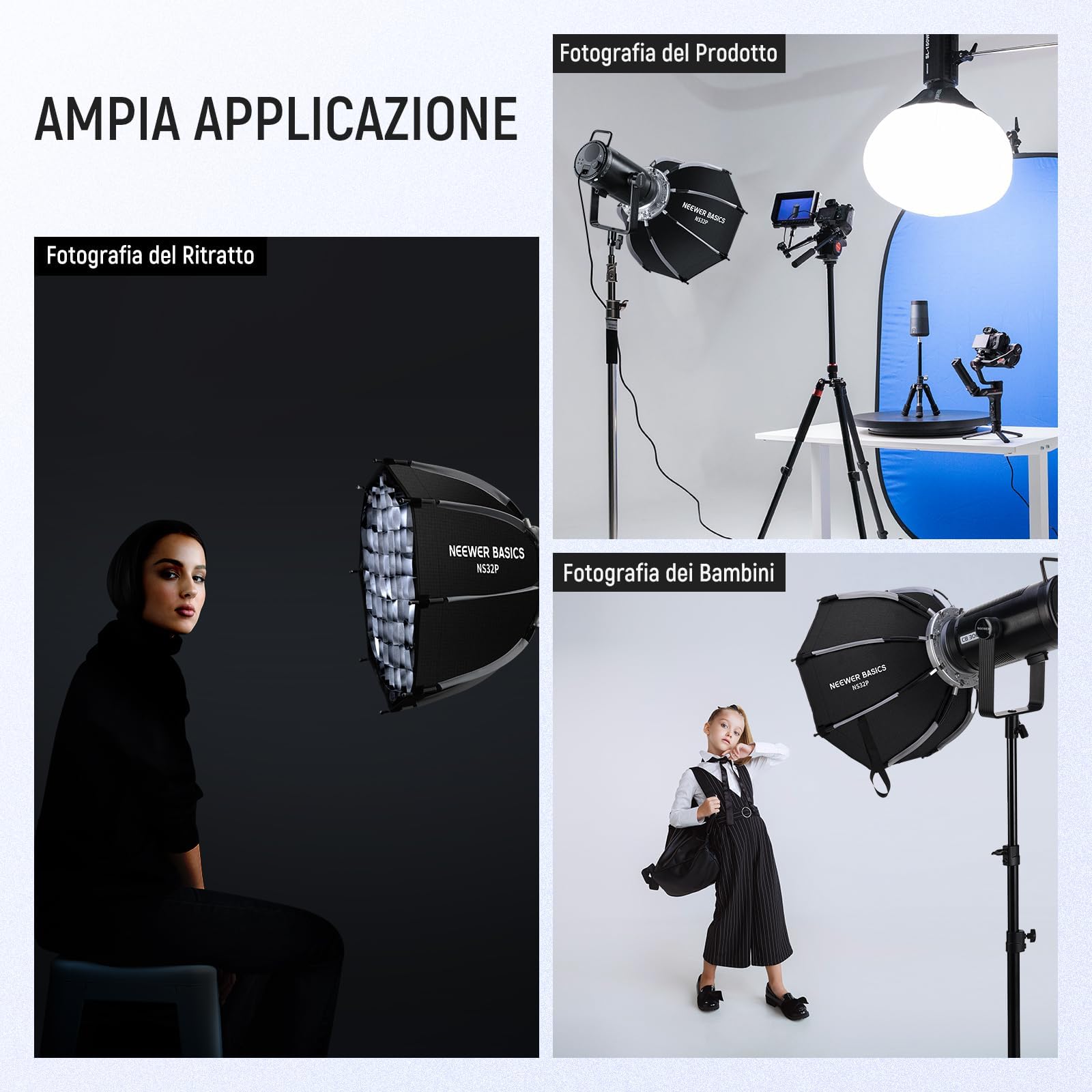 NEEWER BASICS Kit Softbox Ottagonale per Fotografia Studio Riprese Video Streaming, 45cm Soft Box Bowens a Sgancio Rapido/Griglia/Diffusori Luce/Borsa per Illuminazione Continua e Flash Strobo, NS32P