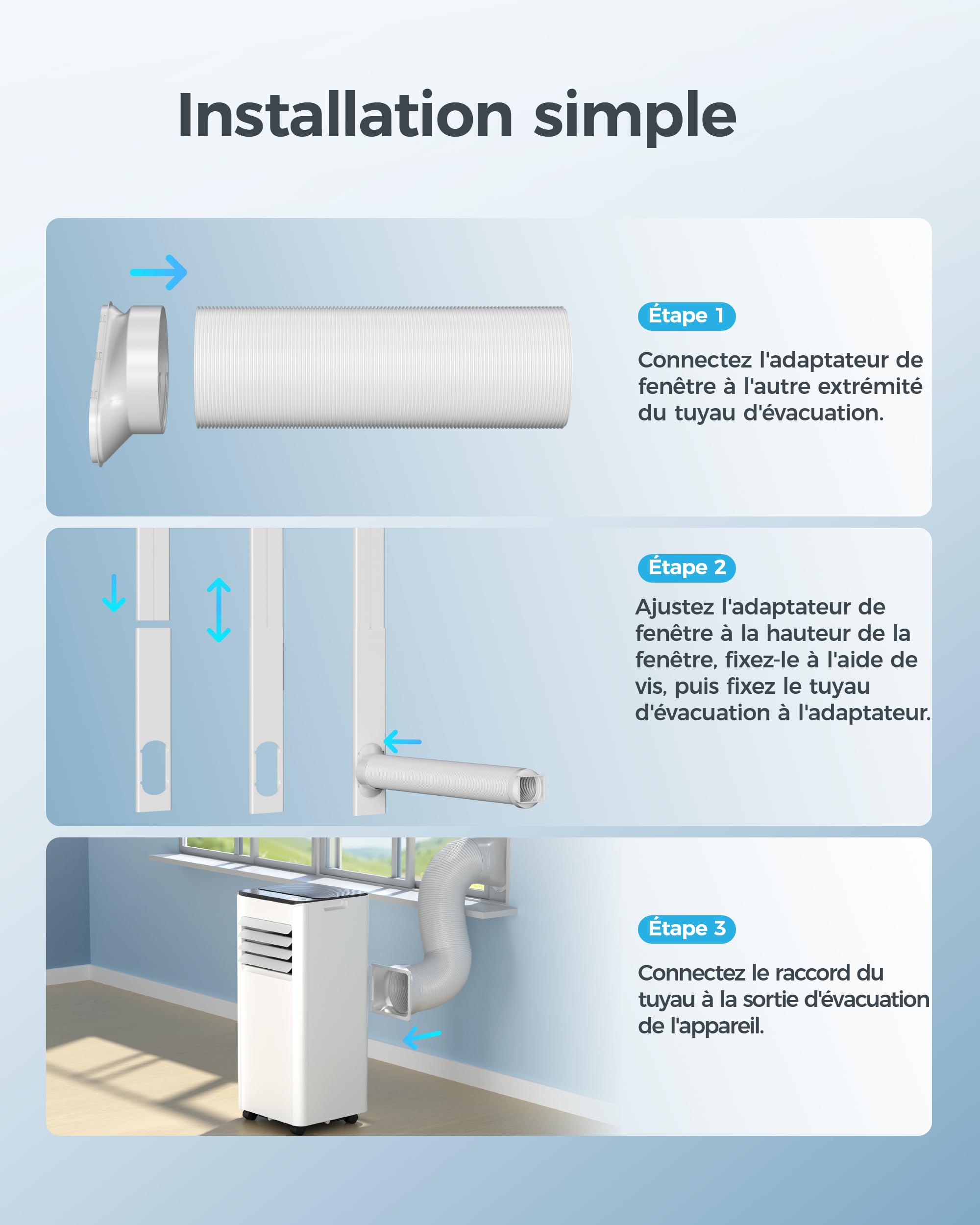 EUHOMY Climatiseur mobile 9000 BTU 2,6 kW (avec télécommande), climatiseur portable quatre en un, fonctionnement silencieux, écran LED, surface couverte 25 m², minuterie 24 heures