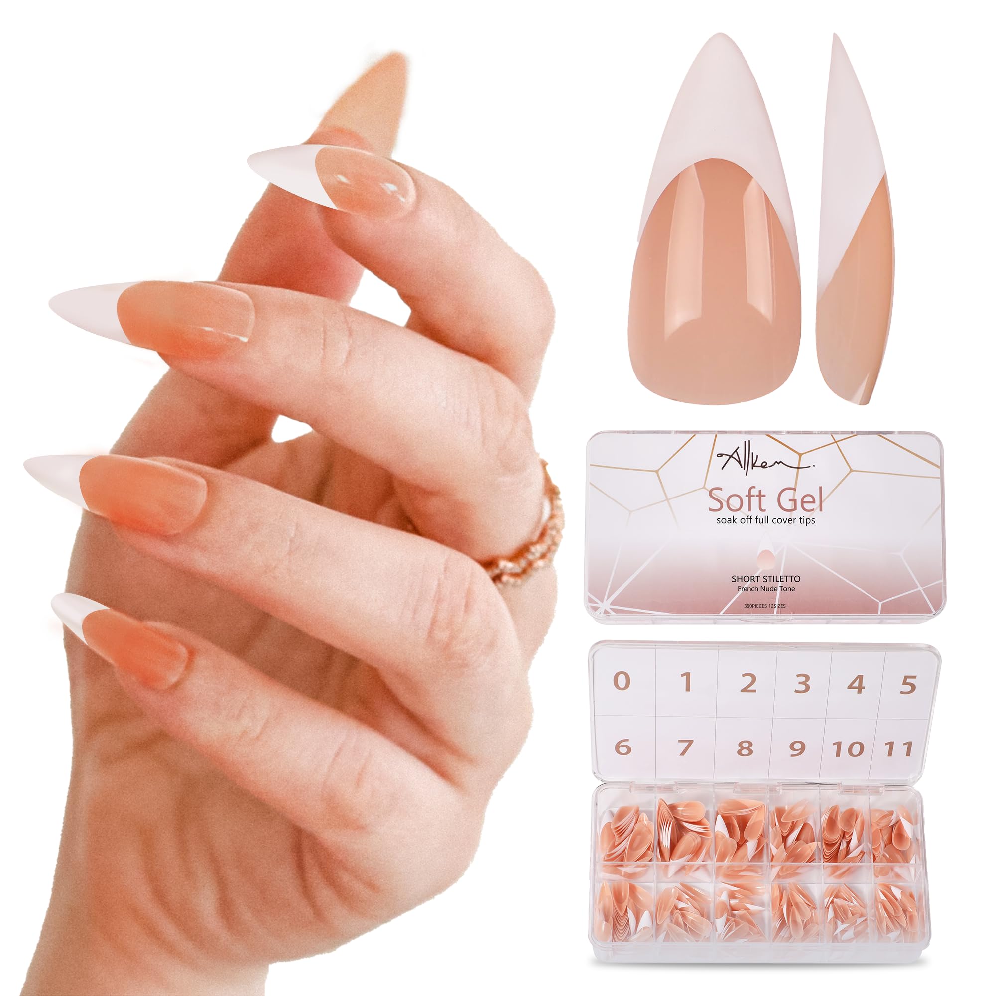 Allkem Soft Gel Nail Tips - French Medium Short Stiletto Neutrals - Bold | 360 Pcs 12 Sizes Long Full Cover Nail Kit