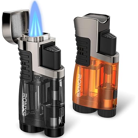 RONXS Torch Lighters 2 Pack Triple Jet Flame Butane Lighter, Pocket Lighter with Punch Cutter, Refillable Windproof Lighter (Butane Gas Not Included) (Black&Orange)