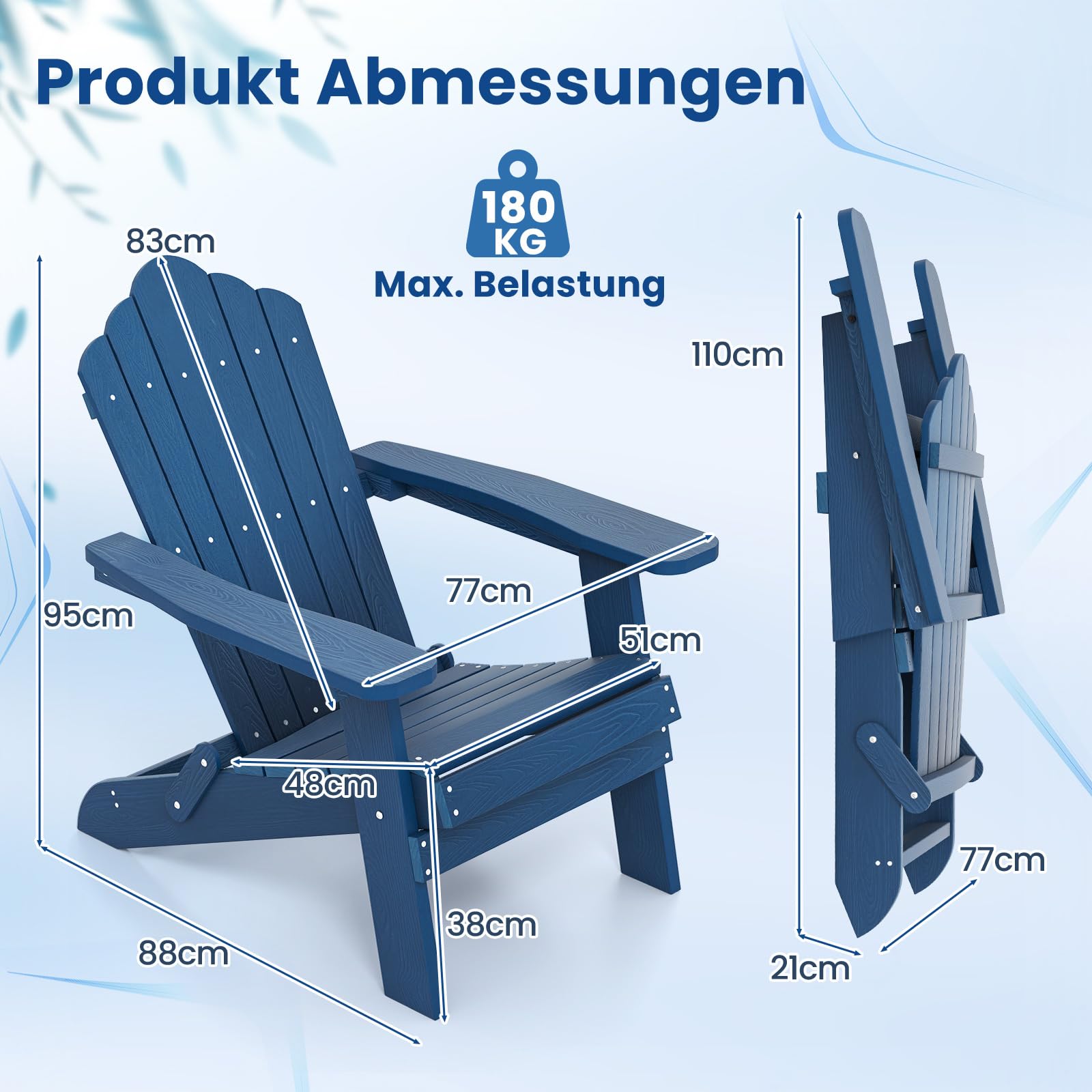 COSTWAY Adirondack krzesło składane, odporne na warunki atmosferyczne Adirondack Chair z tworzywa sztucznego, krzesło ogrodowe z wysokim oparciem i szerokimi podłokietnikami do ogrodu, nośność 180 kg