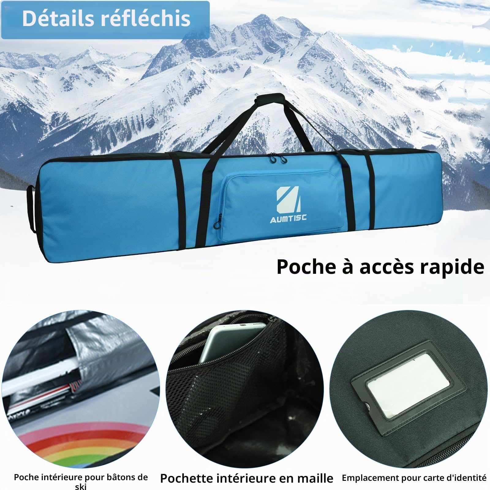 AUMTISC Sac de transport imperméable pour planche à neige, 155 cm, bleu, pour voyage en avion et sports d'hiver