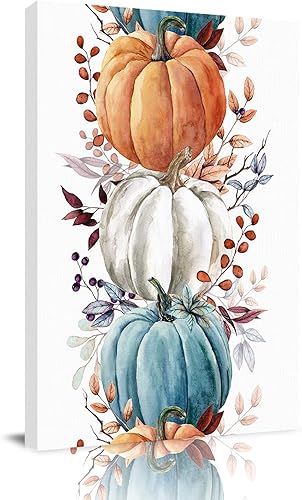 Decoración de pared, lienzo de Acción de Gracias con hojas de eucalipto azul y naranja, arte de pared para dormitorio, sala de estar, baño, cocina,