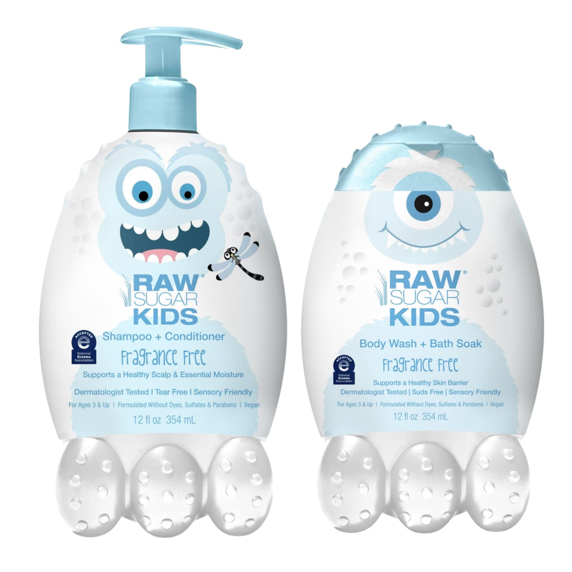 RAW SUGAR Kids Fragrance Free Bath Set, Shampoo & Conditioner + Body Wash & Bath Soak (Fragrance Free)