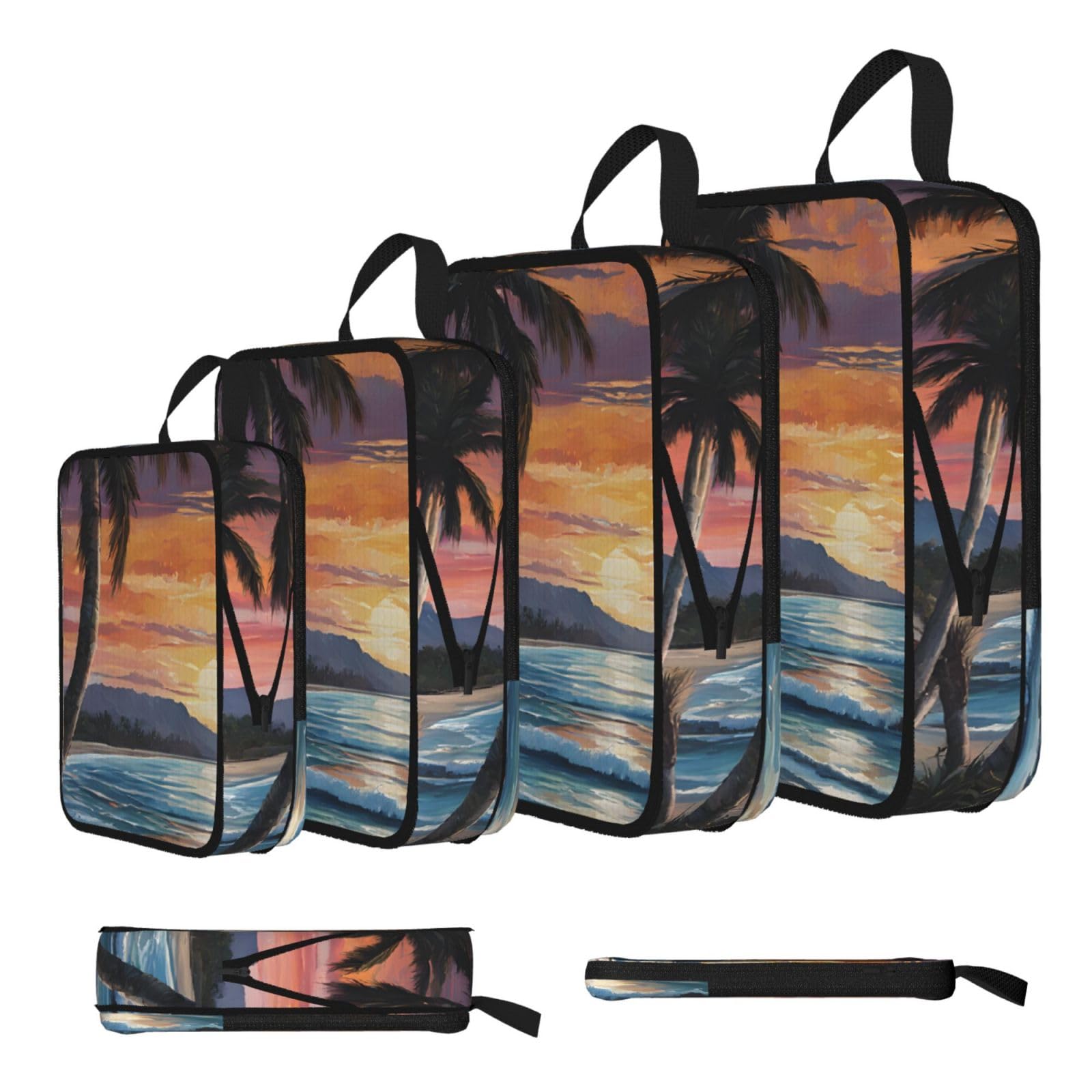 Ezdlowvba Black Coconut Beach Sunset Hammock Print Compression Packing Cubes 4-Piece Set With Multi- Compartment Travel Bag, Waterproof Suitcase Organiser Bags