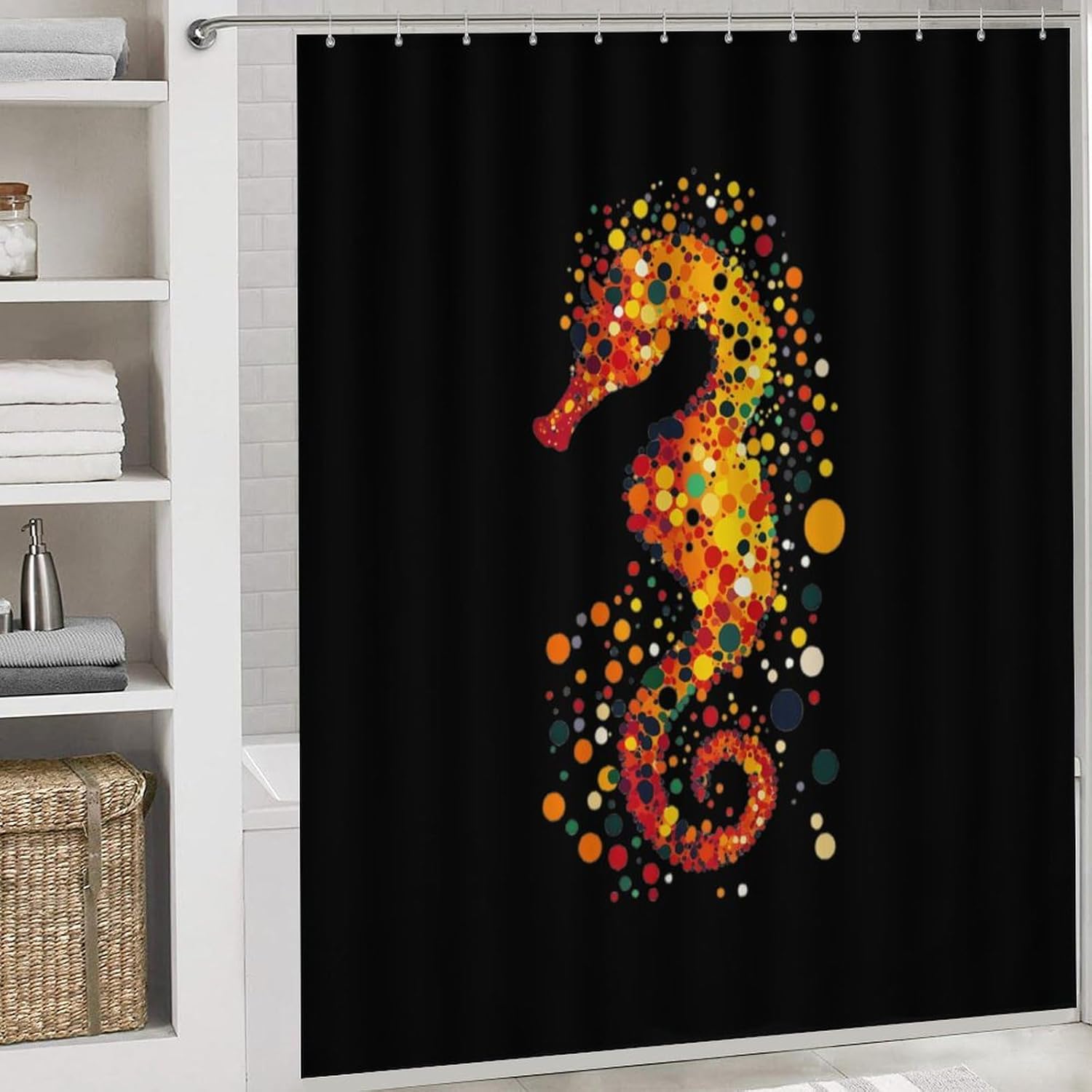 Abstract Hippocampus Seahorse Modern Bathroom Sets with Shower Curtain and Rugs Decor 4 Pcs with 12 Hooks
