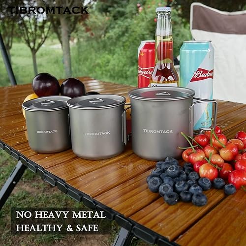 Miniatura 6 de TIBROMTACK Juego de 3 tazas de camping de titanio, 11.8 fl oz, 16.9 fl oz, 23.7 fl oz, ollas de café, utensilios de cocina con mango plegable para