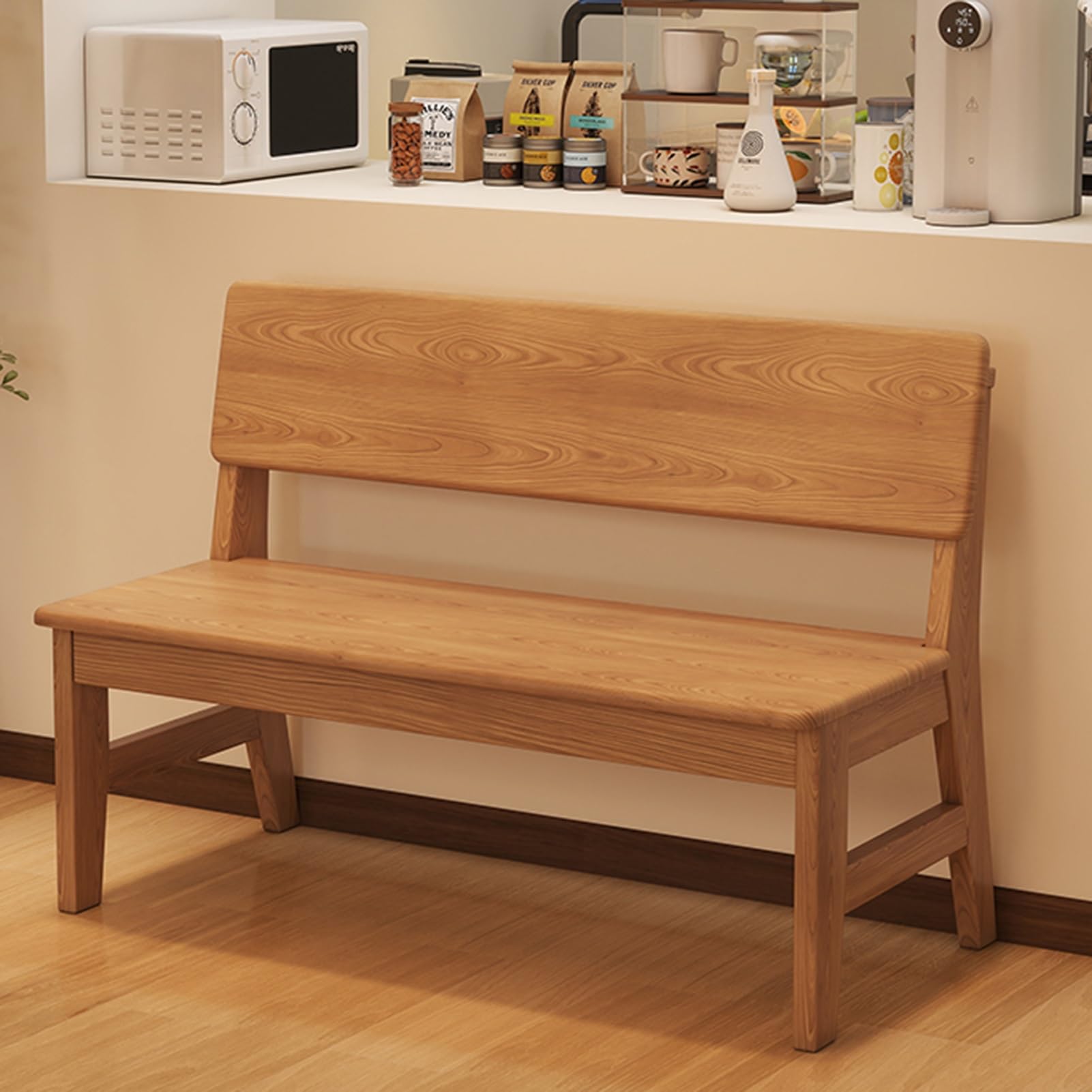 Farmhouse Solid Wood Dining Bench with Backrest, Wooden Entryway Bench, End of Bed Bench, Modern Traditional Farmhouse Dining Furniture, for Dining